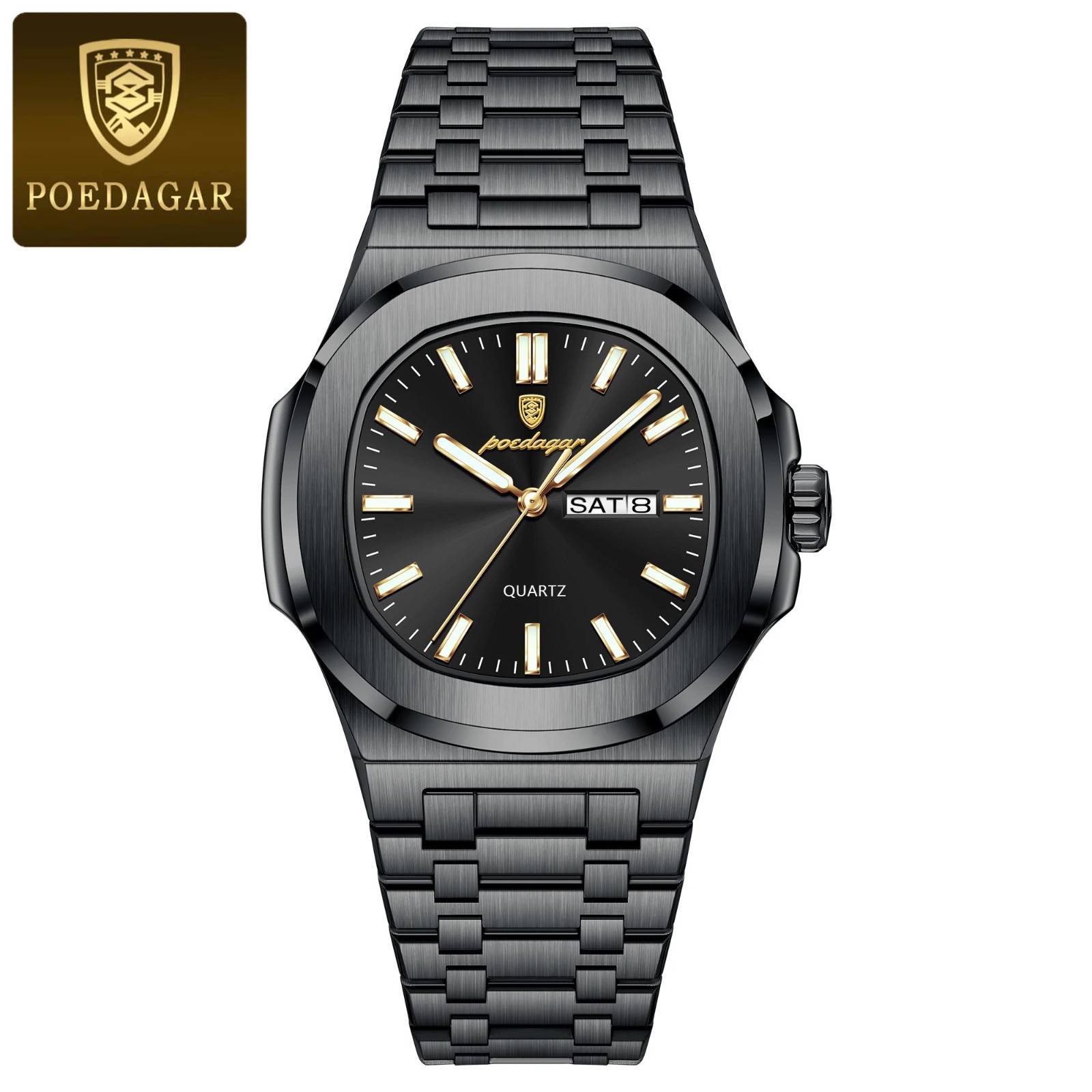 POEDAGAR Women lady Square Quartz Wristwatch Stainless Steel Luminous Week Date