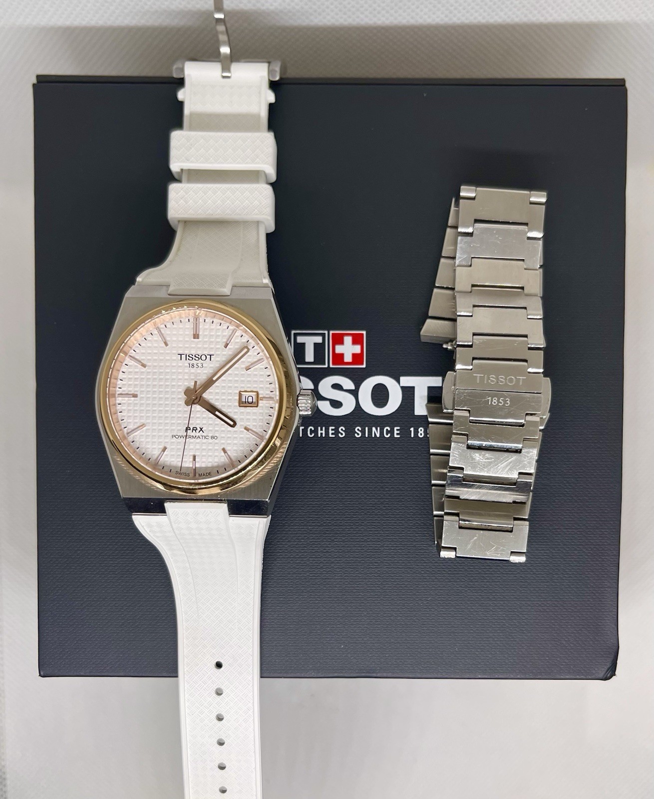 Tissot PRX Powermatic 80 Dial 40mm White Gold Bezel with Delugs Rubber Strap