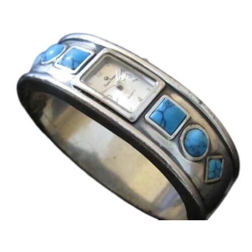 Signed Premier Designs Faux Turquoise Cab Silver Plated Bangle Wristwatch