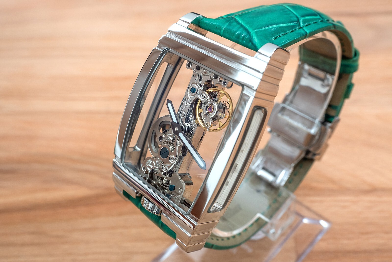 Mens Silver Bridge Manual Mechanical Watch – Green Leather Strap Gift
