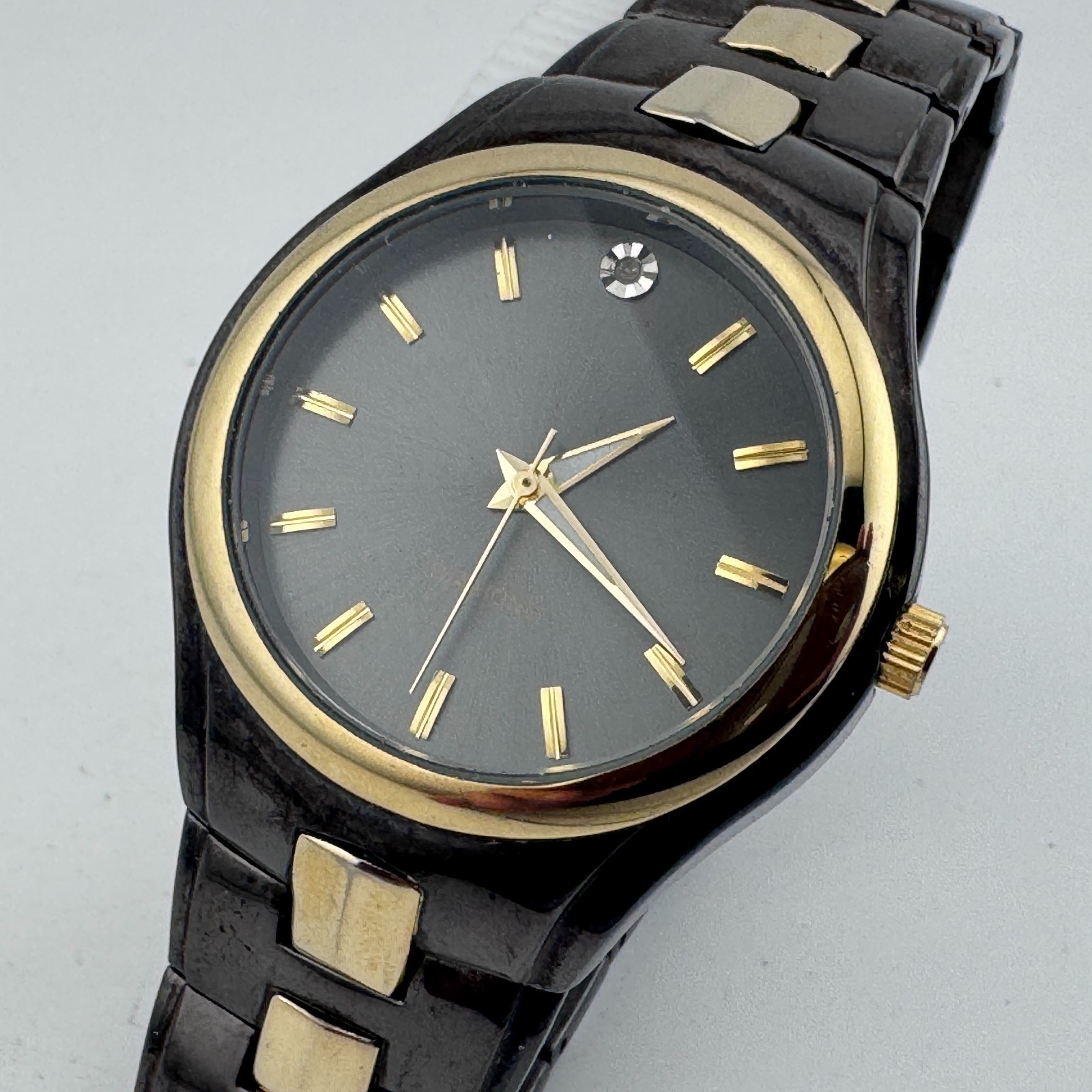 Allude Quartz Watch Men 30m Gold Tone Black Diamond Japan Analog New Battery 8″