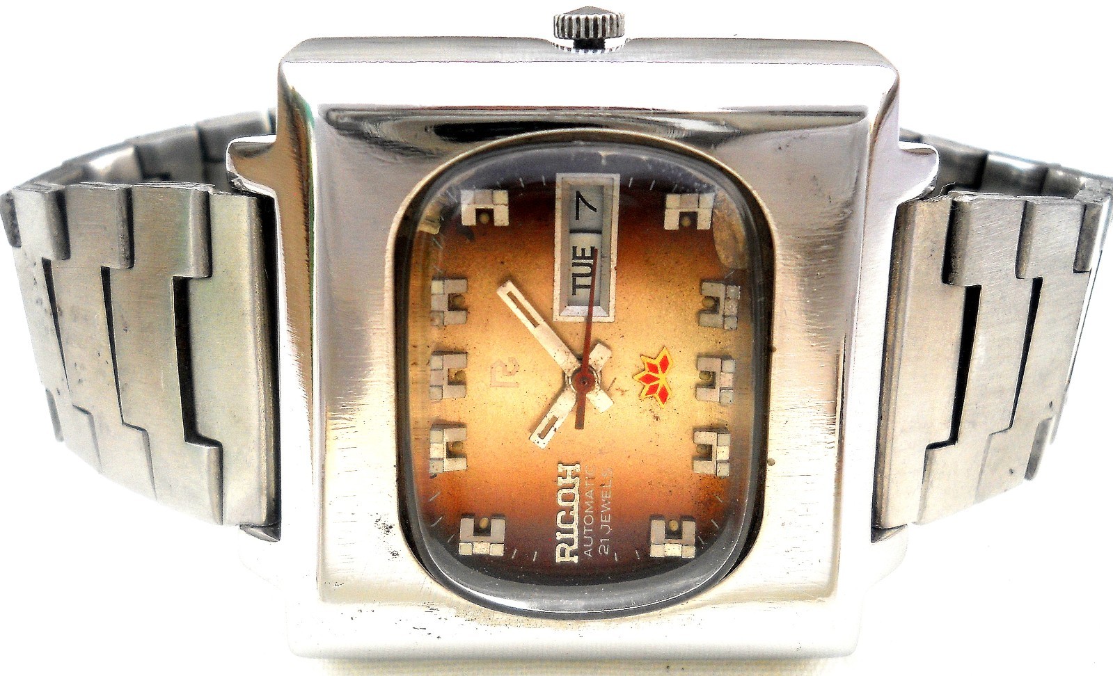 Vintage Ricoh Automatic 21 Jewels TV Dial Watch 1970s Sunburst Brown Japan Rare