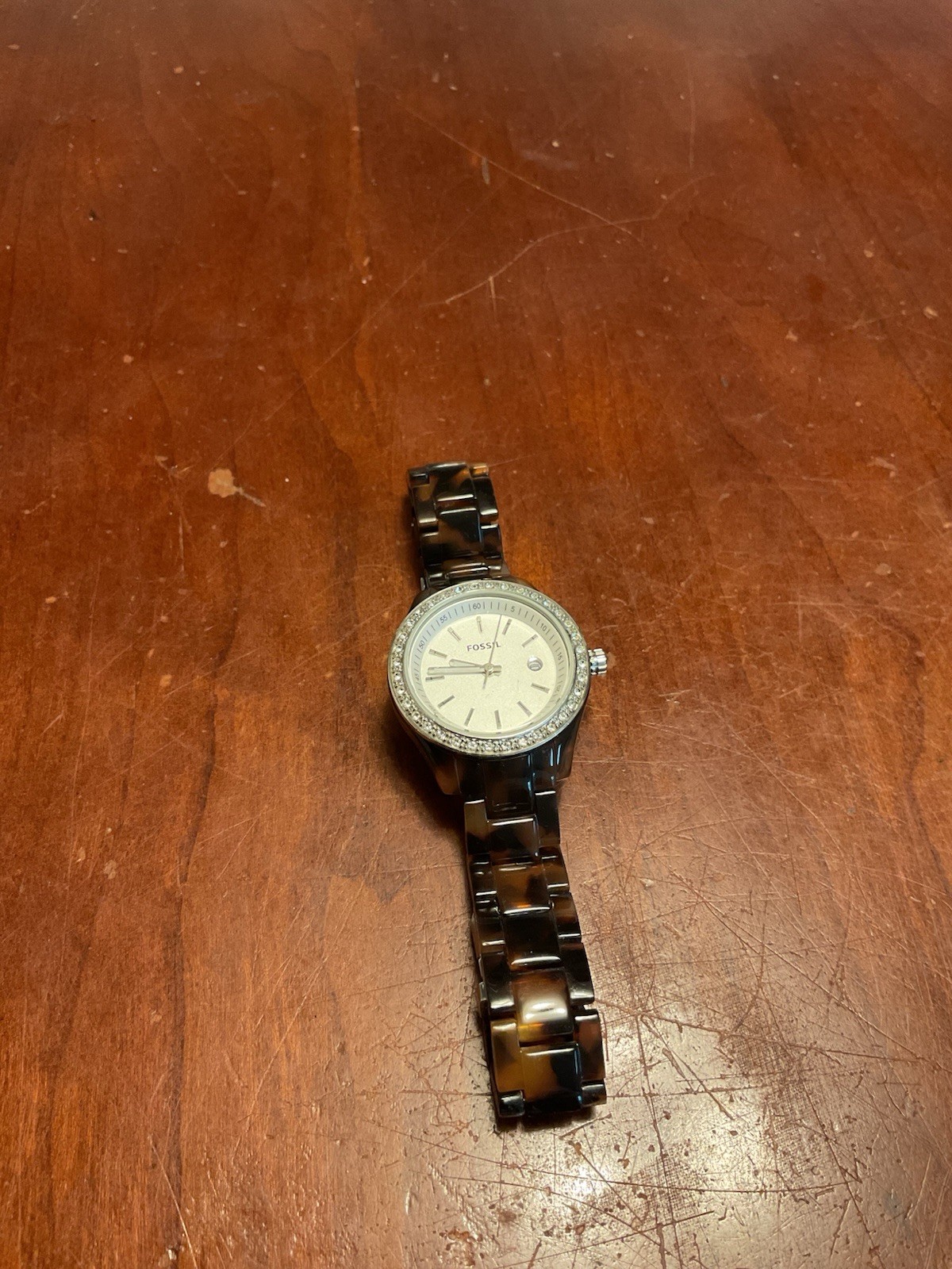 Fossil Women’s Wrist Watch Faux Tortoise Shell ES2680 White Face Rhinestone