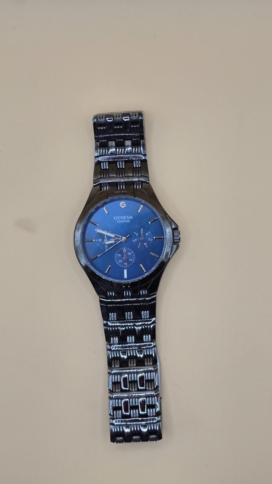 Geneva Diamond Men’s Quartz Wristwatch Blue Dial Stainless Steel Bracelet