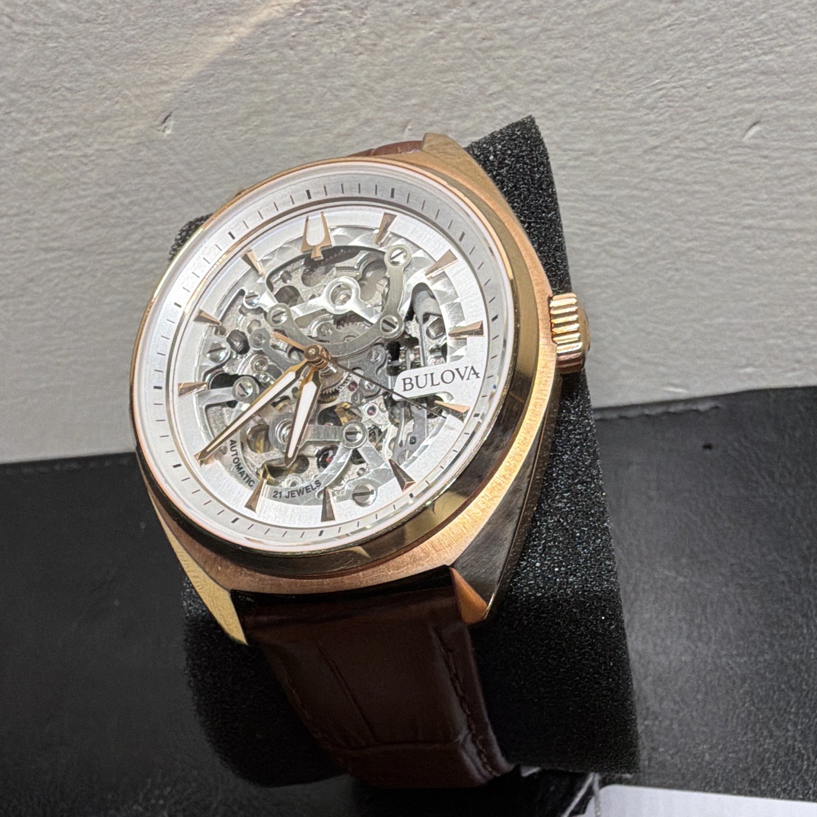 Bulova 97A175 Automatic Skeleton Dial Gold Tone Case 41mm Brown Leather 30m