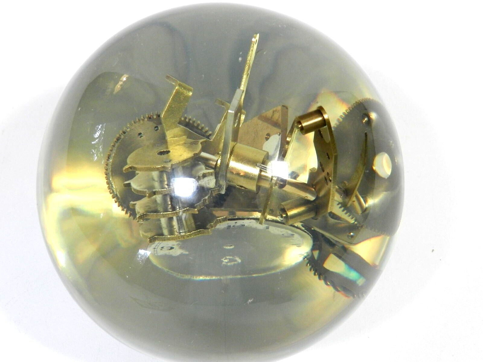 Vintage Lucite Embedded Brass Watch Parts Ball Sculpture Resin Acrylic Sphere