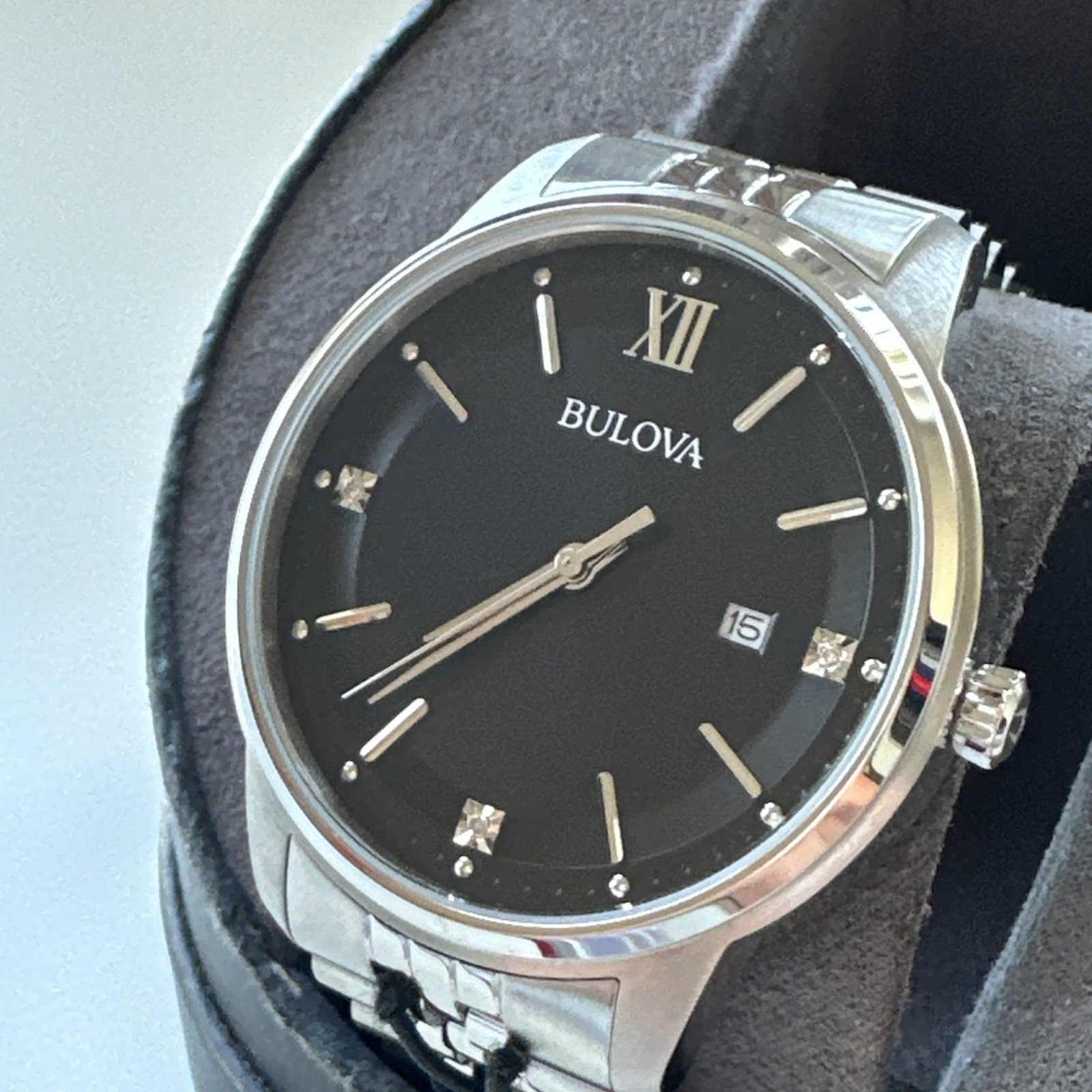 Bulova Men’s Quartz Silver Diamond Accent Marker Black Dial Watch 96D151