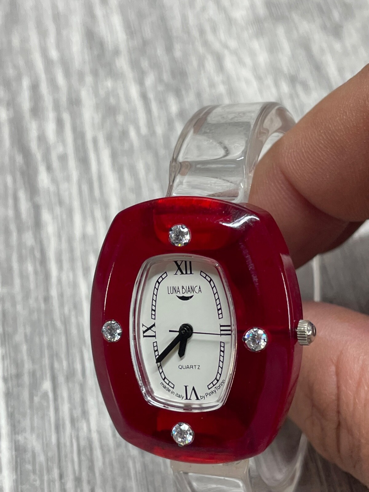 Luna Bianca Watch Clear Lucite Bracelet ITALIAN Red Face New Battery