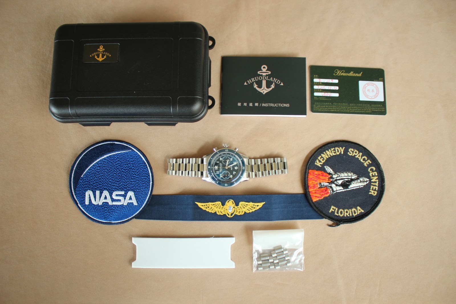 NASA SPACEPORT TRAINING FLIGHT SURGEON BLUE DIAL CHRONOGRAPH WATCH PATCH BOX SET