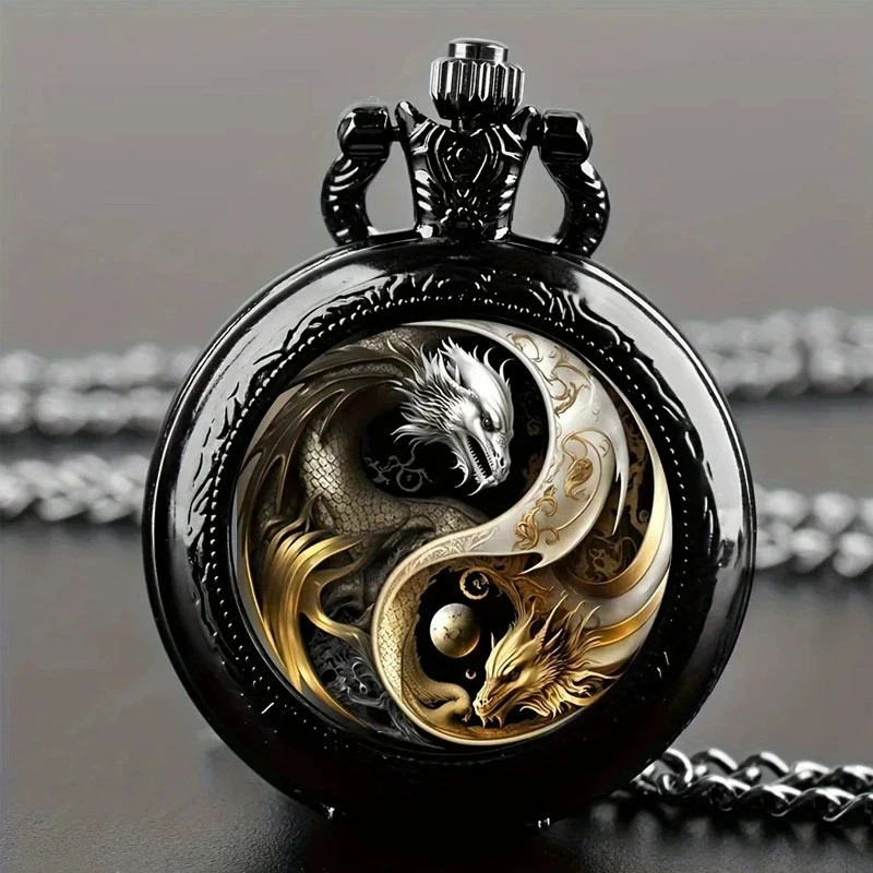 Retro Double Dragon Pattern Golden Silvery Quartz Pocket Watch Classic Style