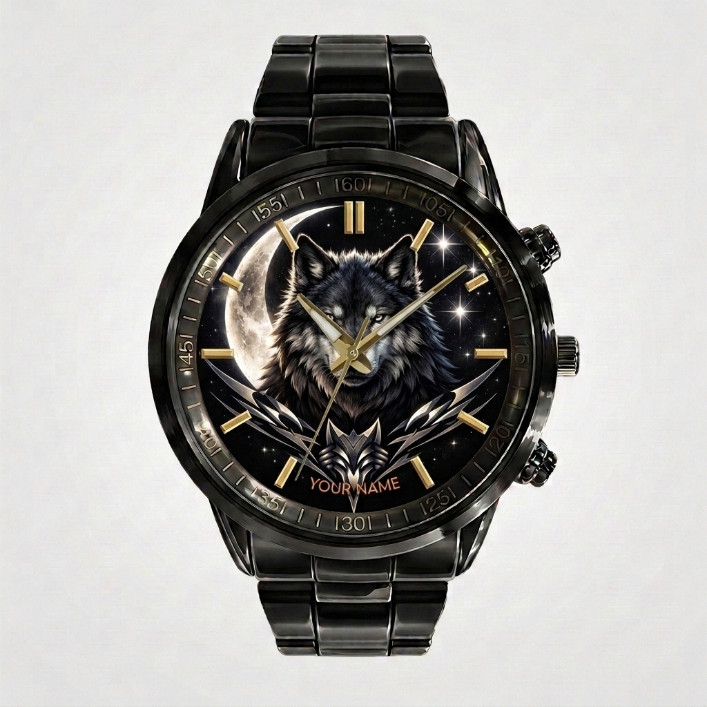 Personalized Dragon Fox Wild Black Stainless Steel Watch Gift For Men Animal