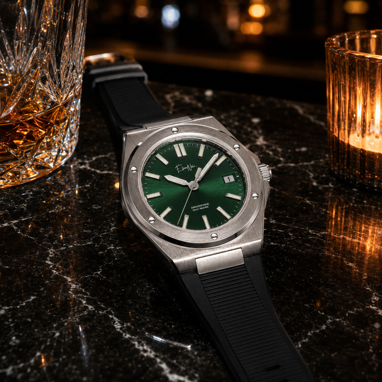 Custom Élan Noir Day-Mark Auto NH35 Watch Emerald/White Dial Sapphire Steel 41mm