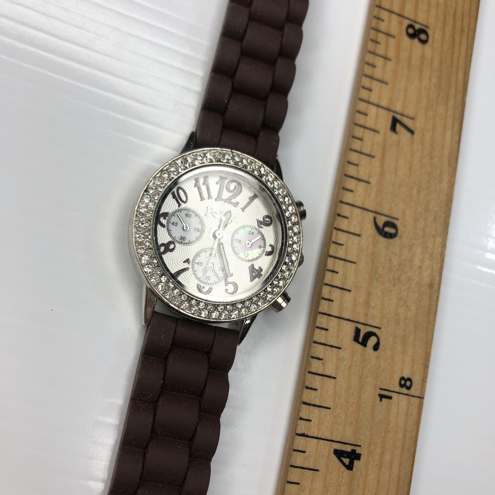 X11 BORA Silver Crystals Stainless Brown Jelly Silicone Retro Watch Untested