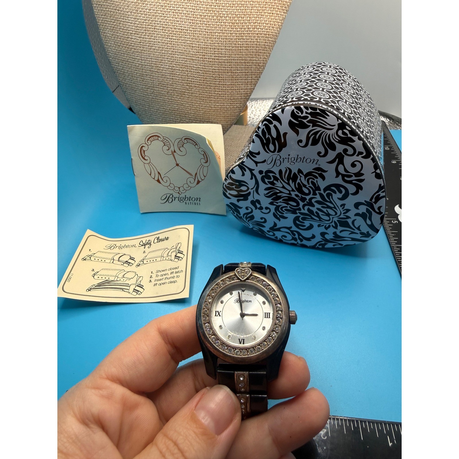 Brighton Dana Point Black Link Watch Crystal Bezel Heart Detail Japan Movement