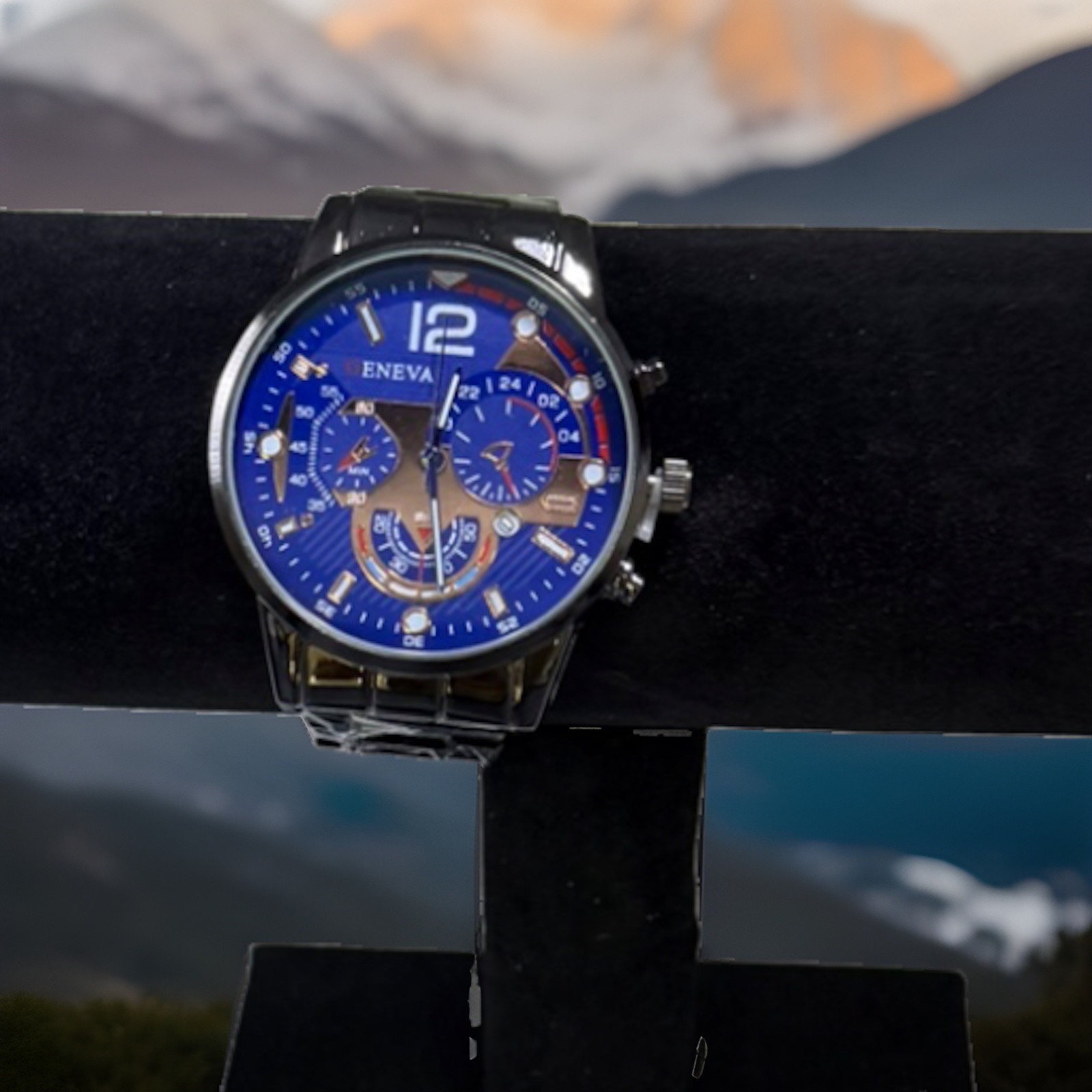 Geneva Chronograph Quartz Analog Watch Blue Dial Silver Tone Metal Bracelet