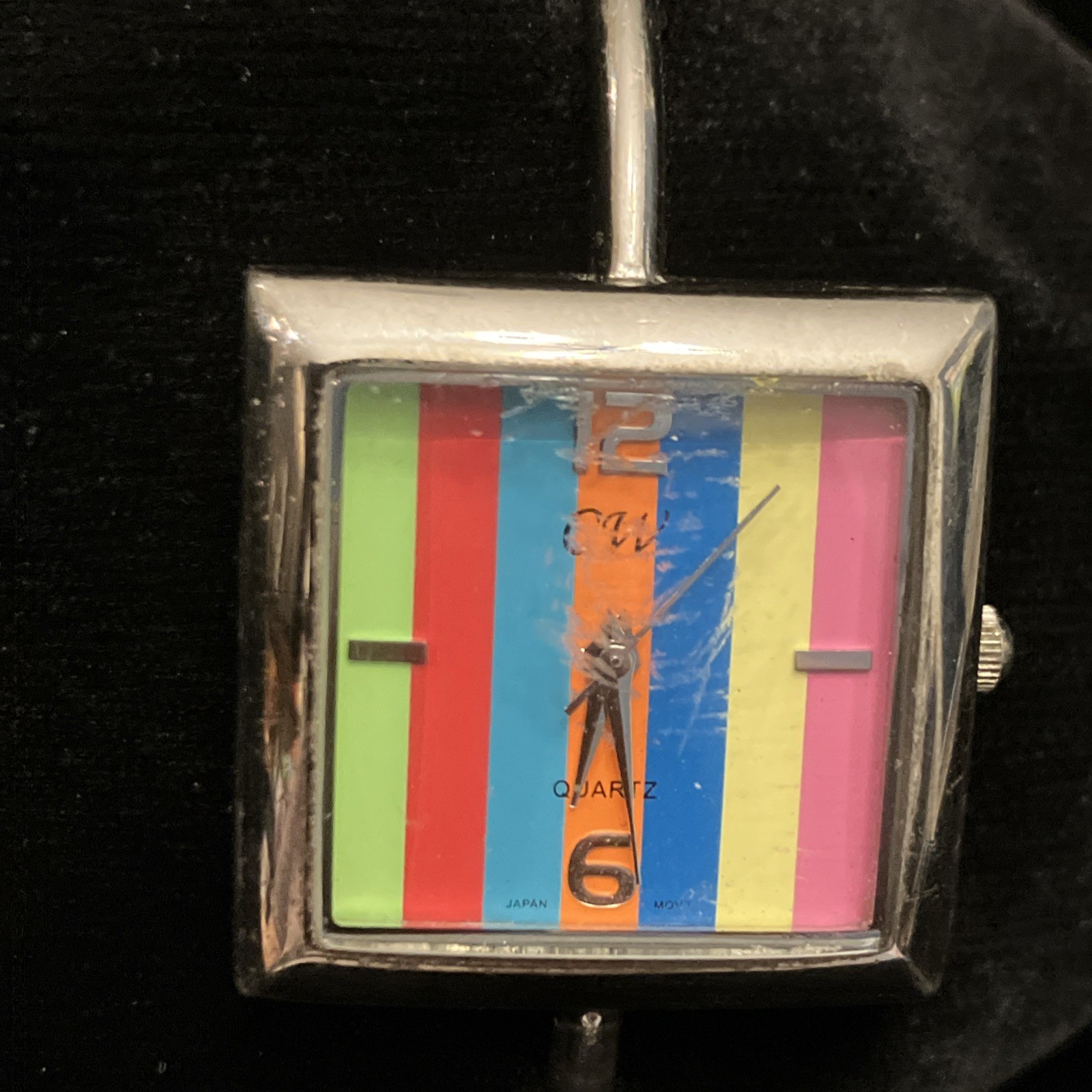 CW Red Green Blue Yellow Square Face Striped Rainbow Watch Stainless Steel Works