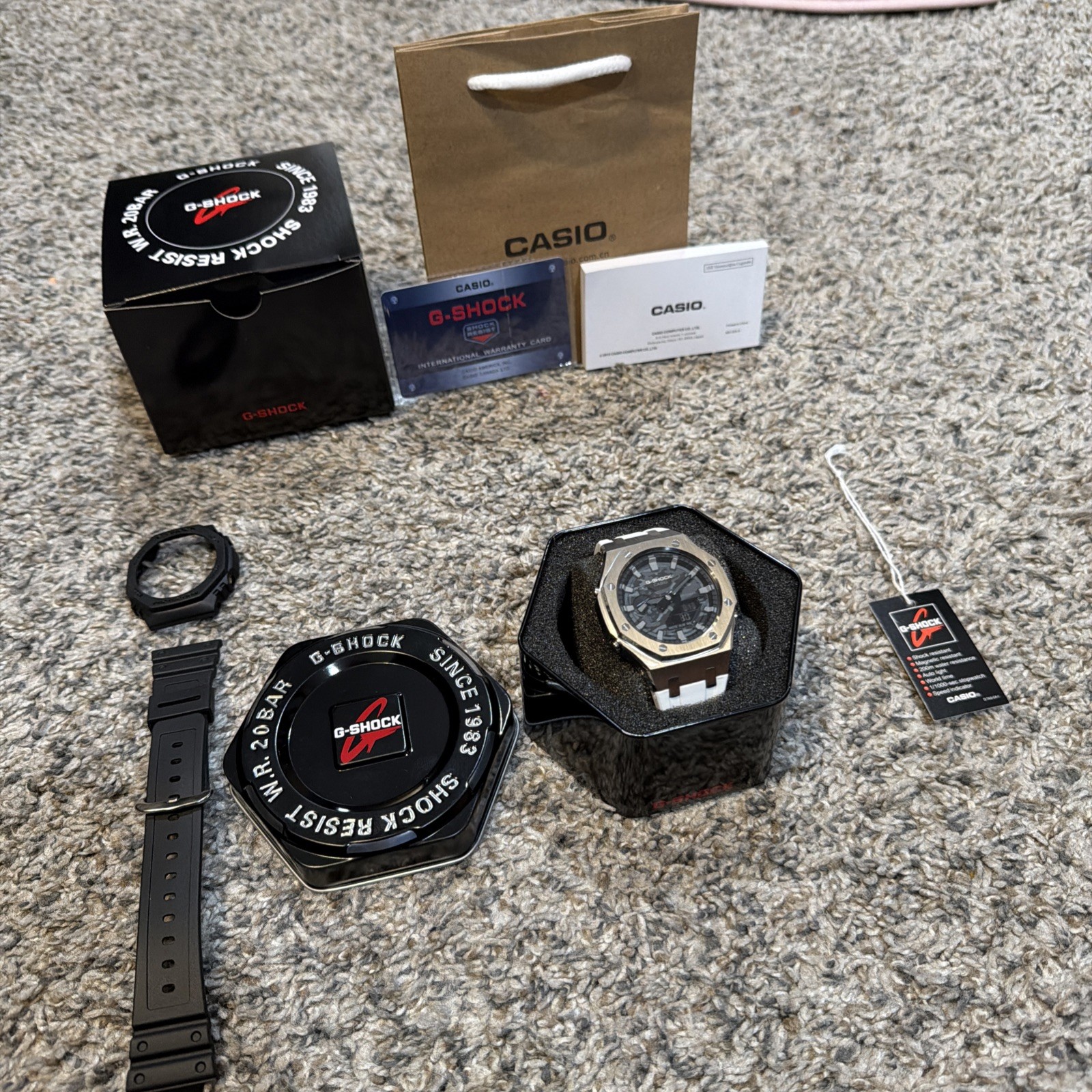 Casio G-Shock GA-2100 Custom Casioak Black And Grey With White Band. With Band