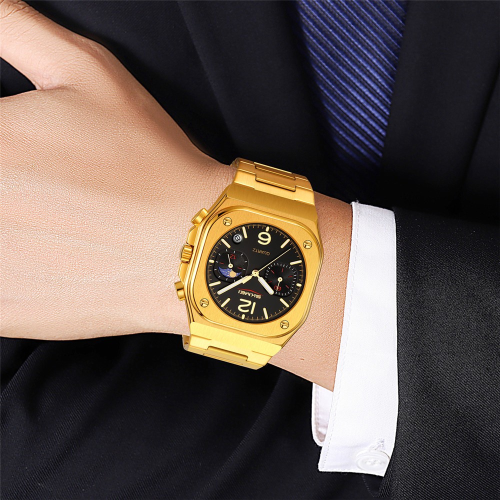 SKMEI Men Quartz Watch Multifunction Stopwatch Gold Steel Wristwatch Male Watch