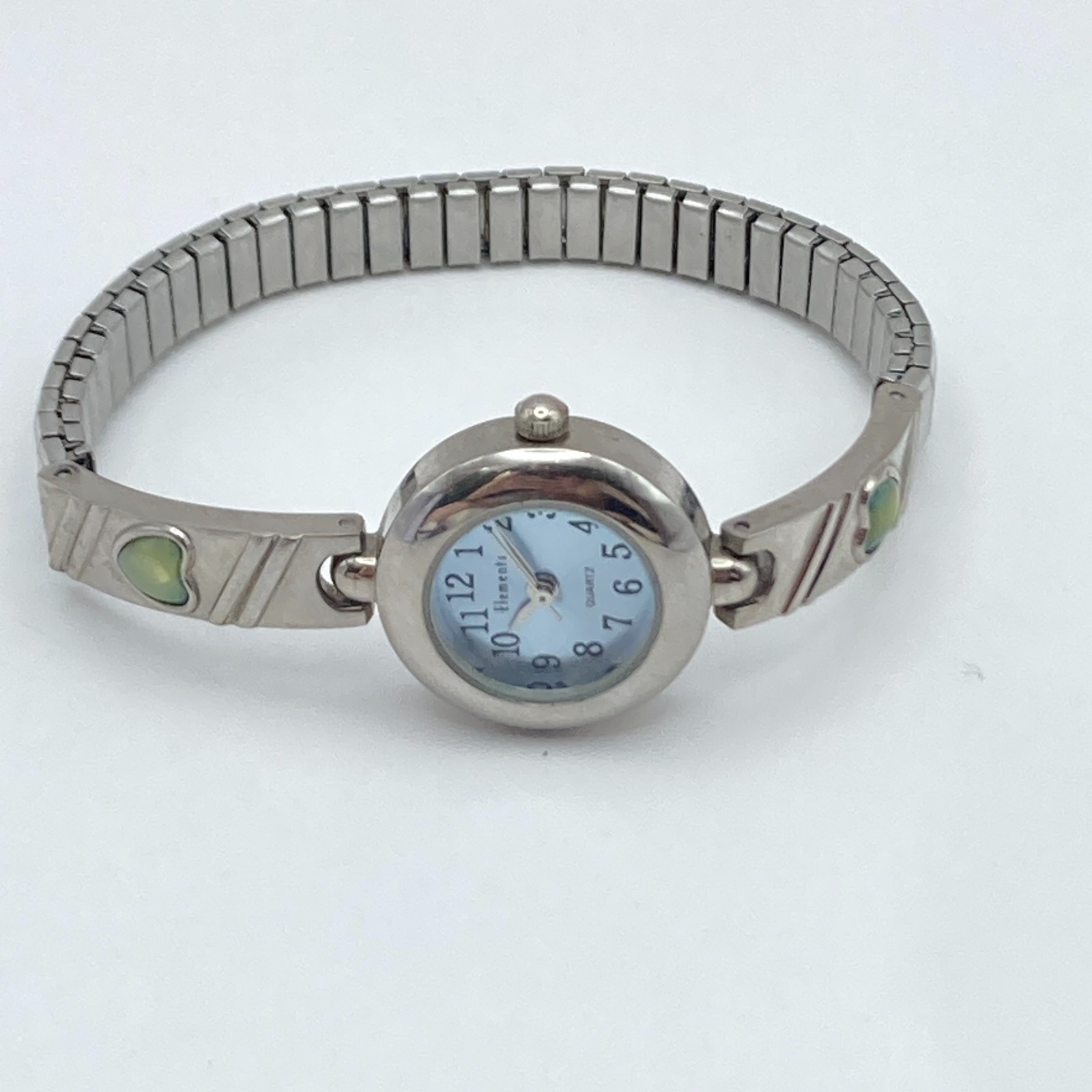 Vtg Elements Women’s Watch Silver Tone Cats Eye Heart Stretch Band New Battery