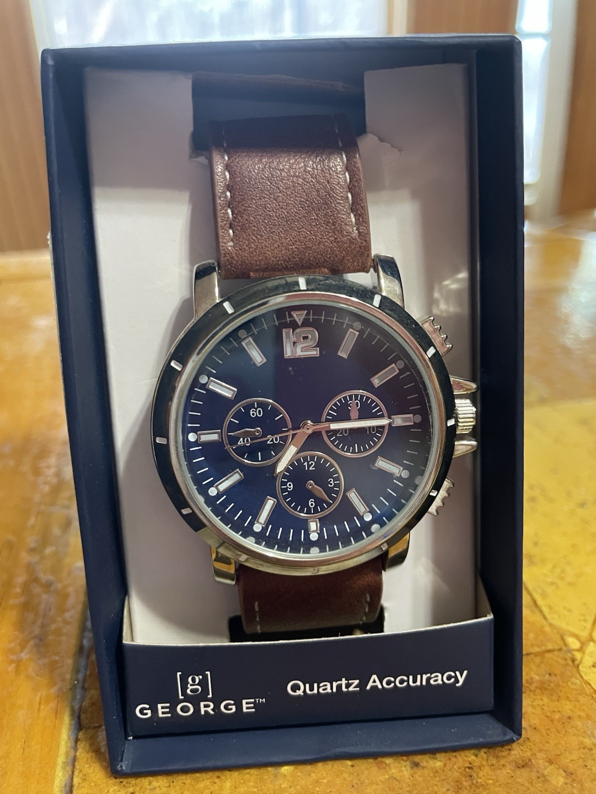 George Men’s Quartz Accuracy Watch Blue Dial, Brown Leather Strap 42mm