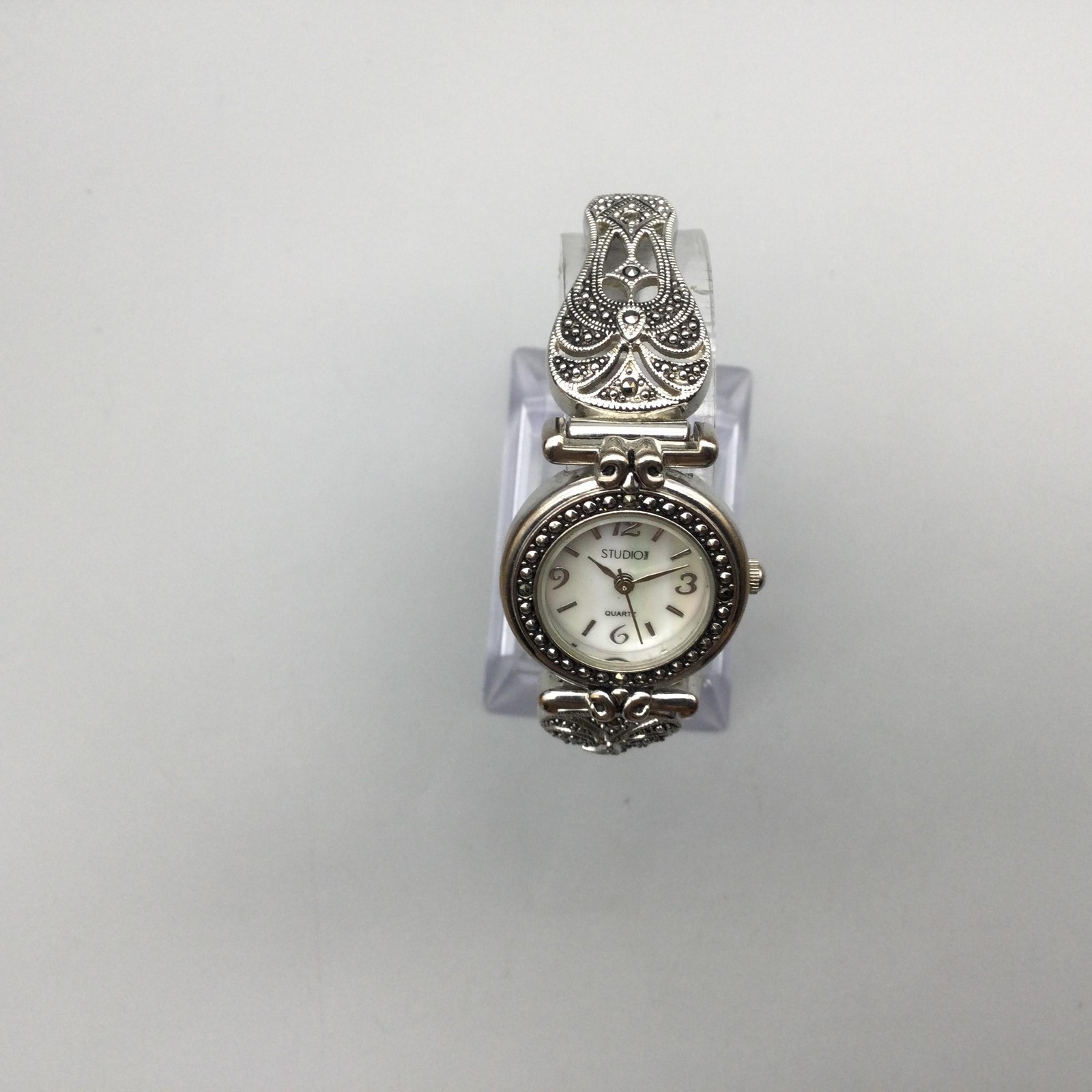 Studio Time Womens Watch 24mm Silver Tone Marcasite MOP Dial New Battery