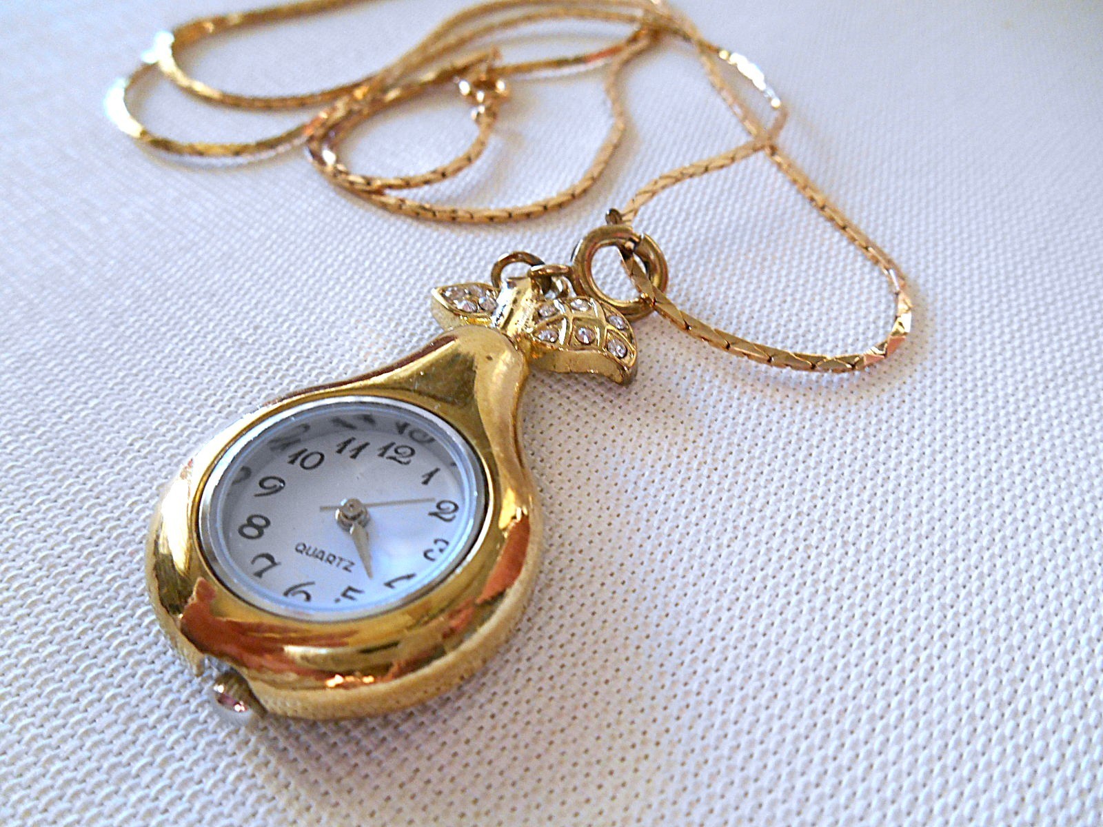 Goldtone & Clear Rhinestone Necklace Watch – New Battery