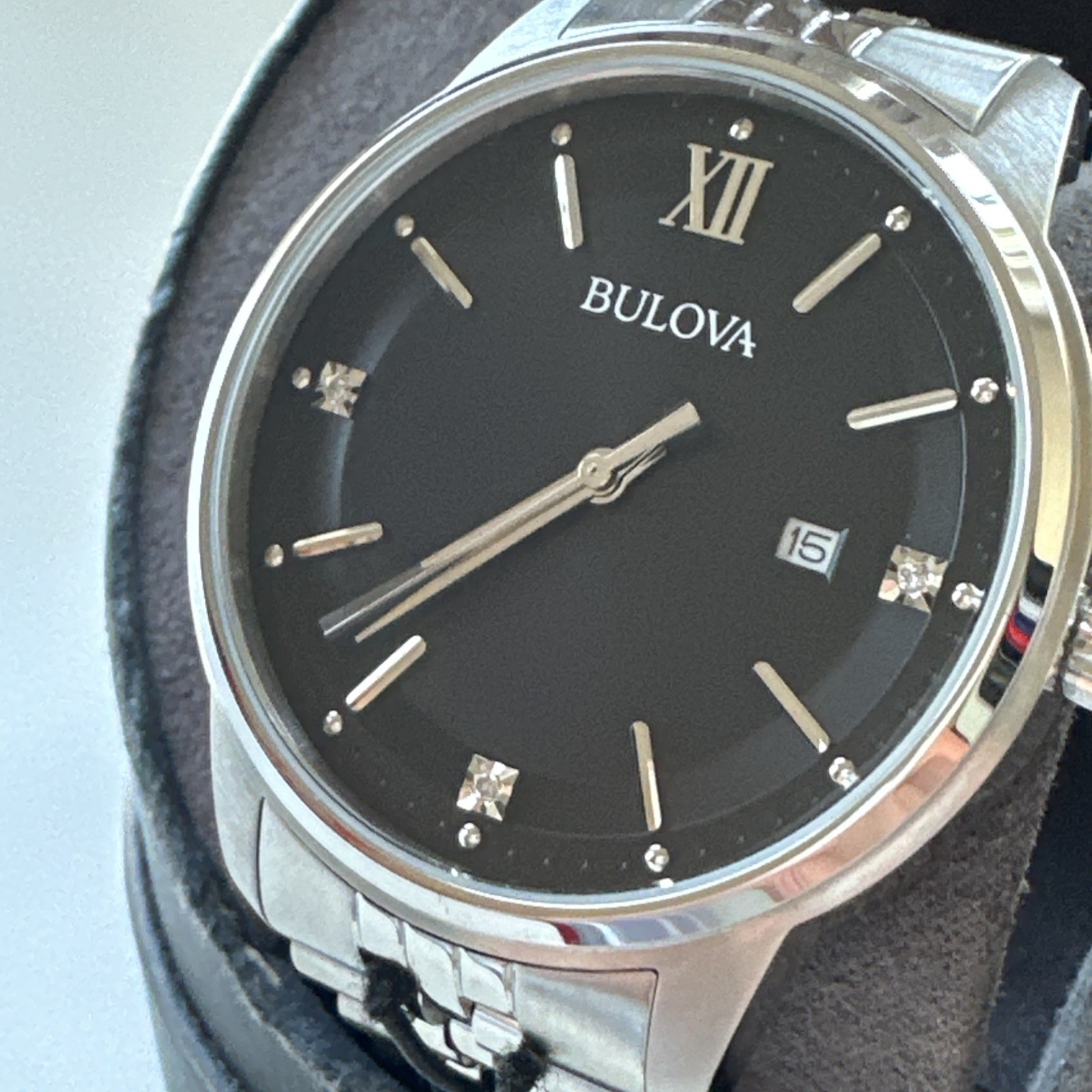 Bulova Men’s Quartz Silver Diamond Accent Marker Black Dial Watch 96D151