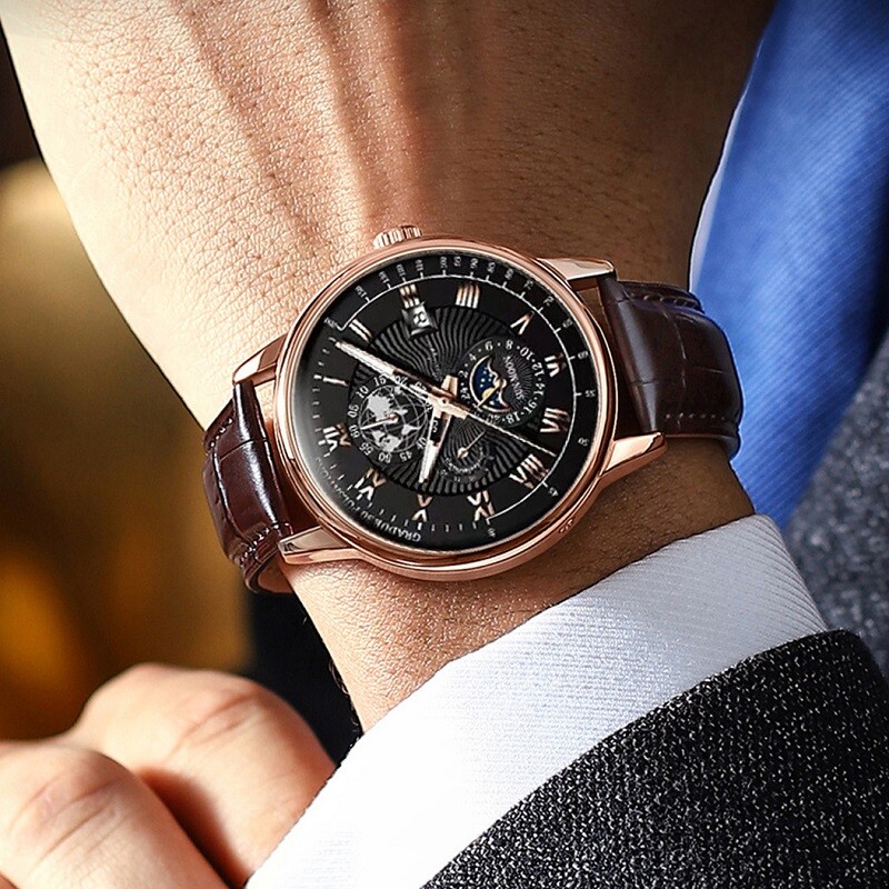 POEDAGAR Leather Luminous Men’s Quartz Watch Chronograph Waterproof Wristwatches