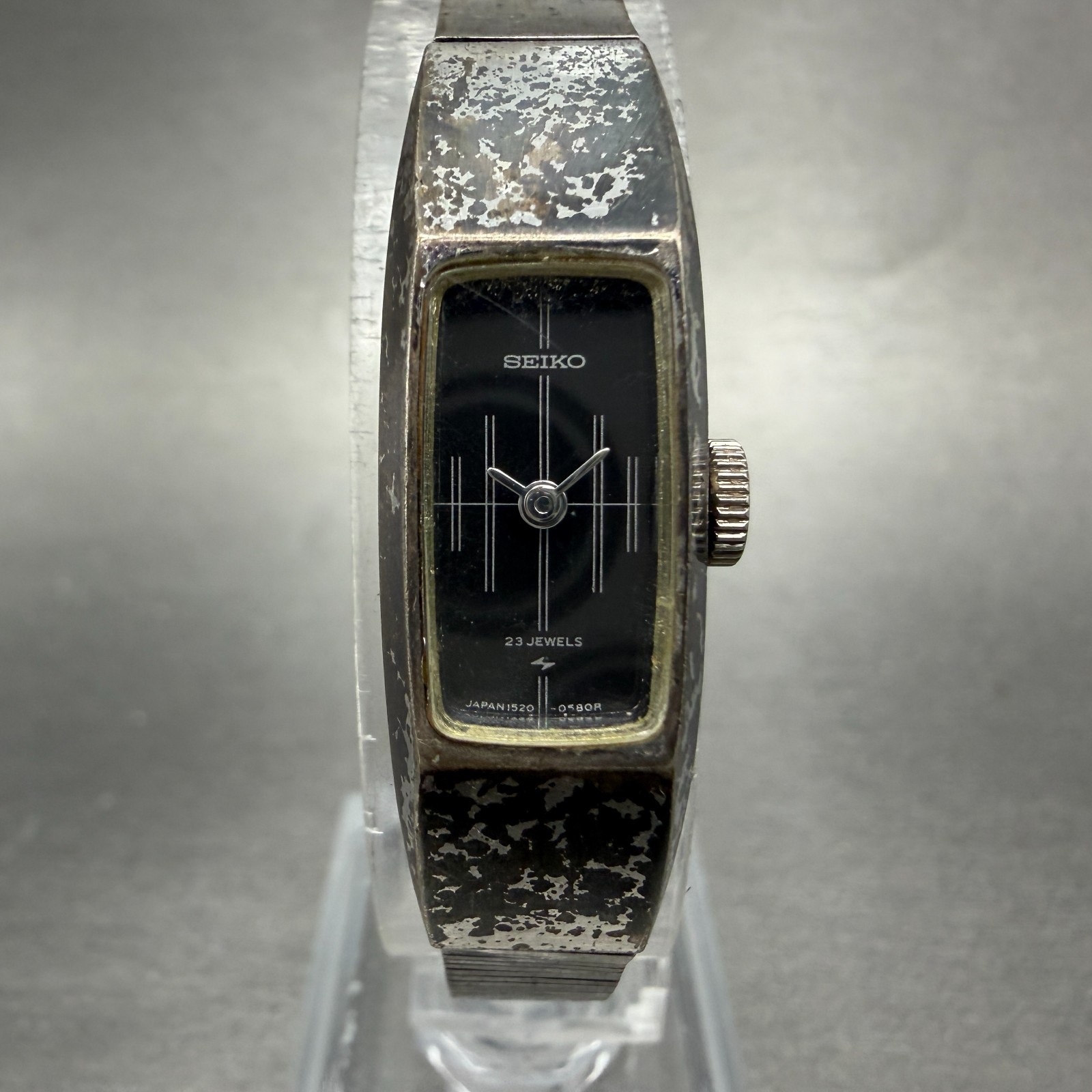 Seiko Tank Watch Women 13mm Black Dial Silver Tone Manual 1520-3580 Runs Vintage