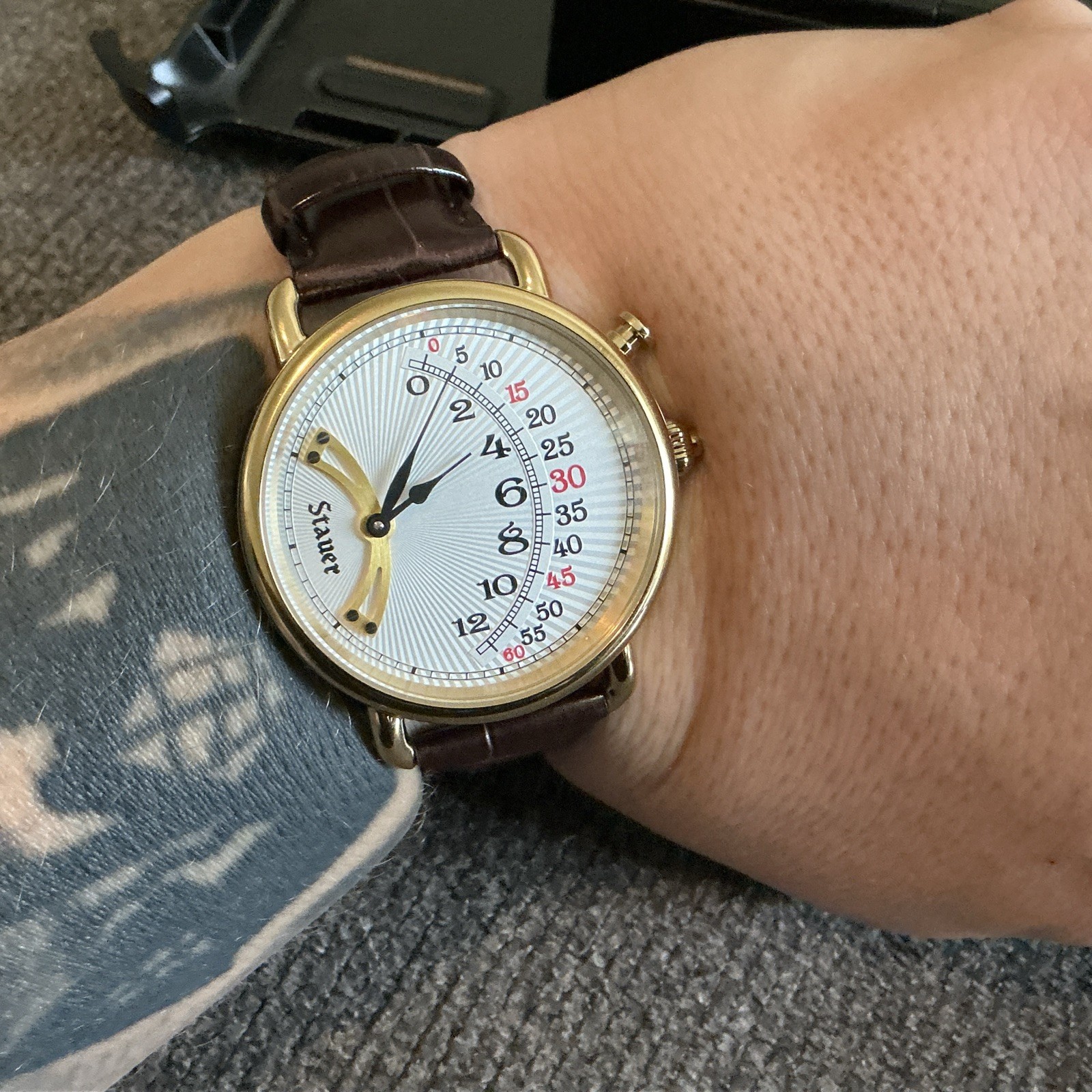 With Box And Papers In The Box Stauer 1920s Retrograde Mens Watch