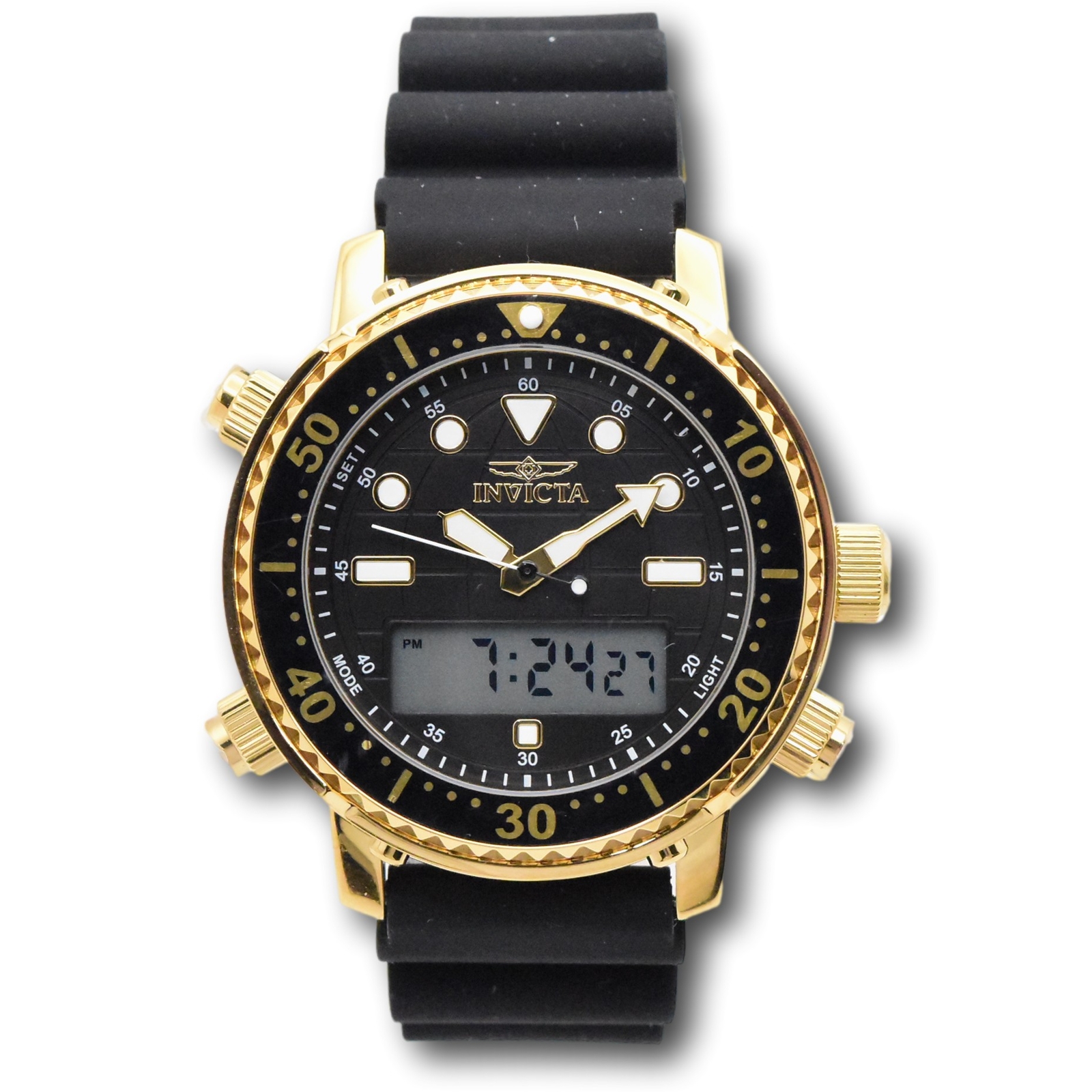 Invicta Pro Diver Men’s 46.5mm Gold Dual Time Digital Ana-Digi Watch 48369