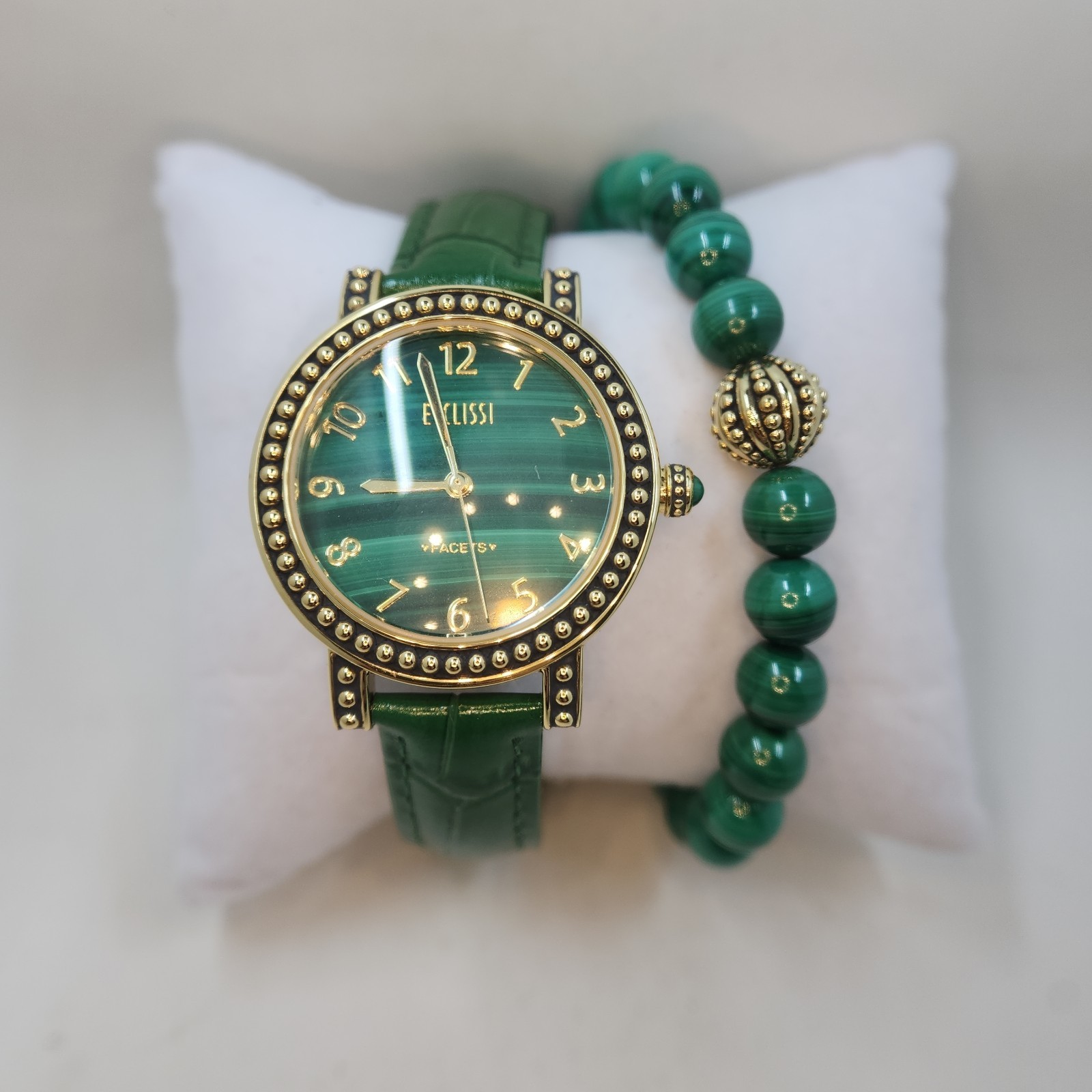 Ecclissi Malachite Gemstone Leather Watch w/ Stretch Bracelet, Average