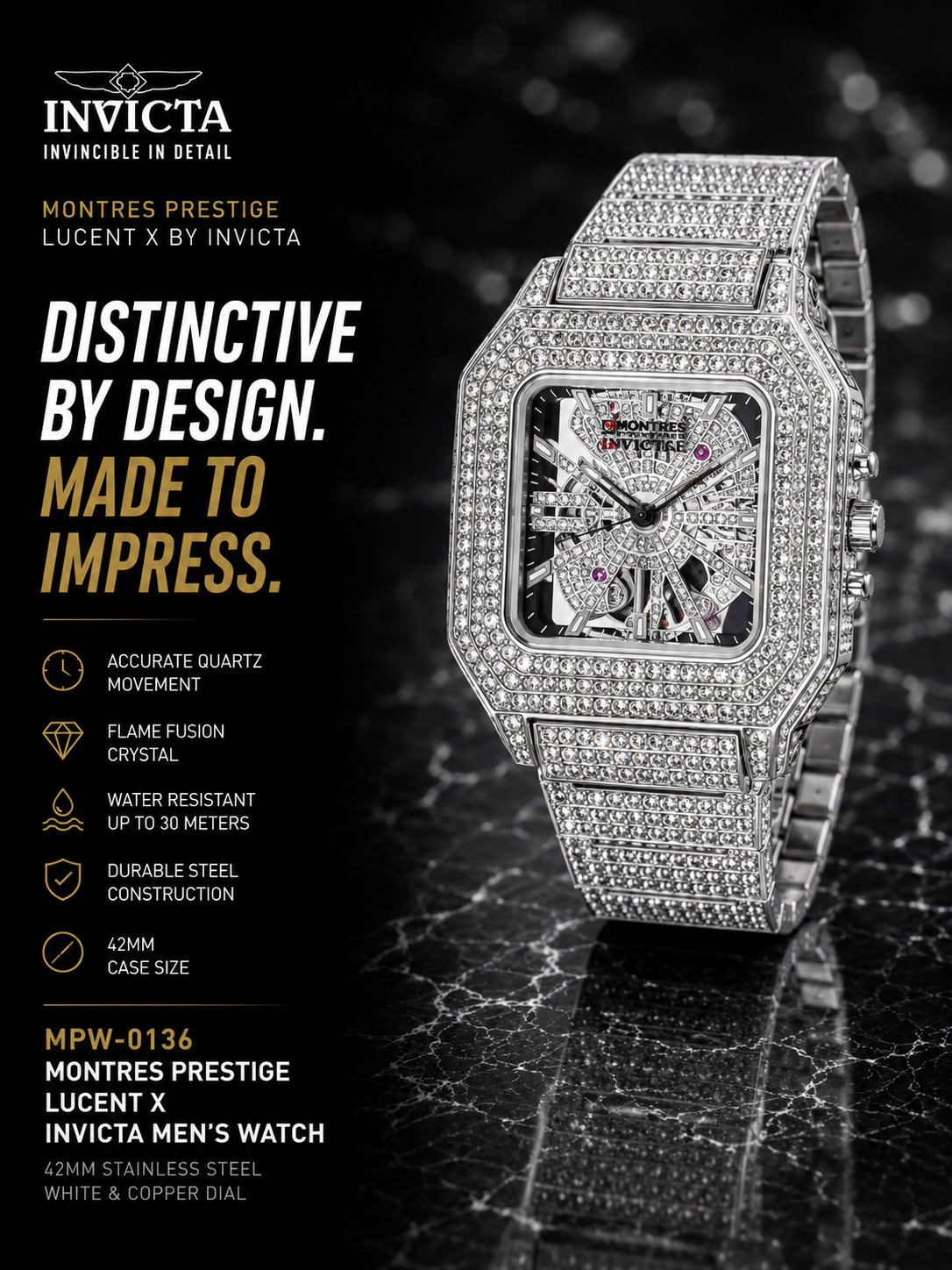 Montres Prestige Lucent x Invicta Iced Out 42mm Square Men’s Watch NEW MPW-0136
