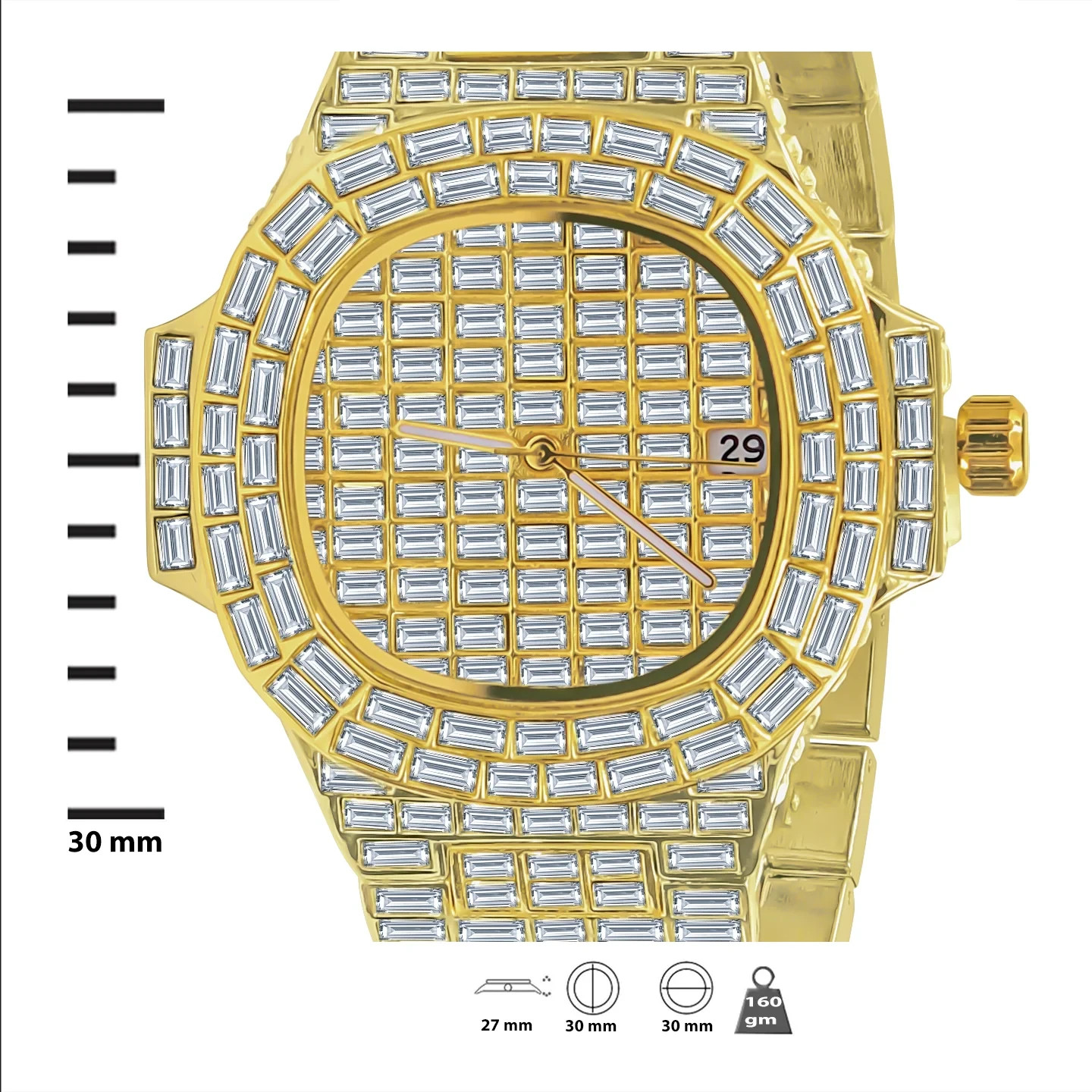Mens Iced Out Watch Gold Baguette Crystal Hip Hop Date Quartz