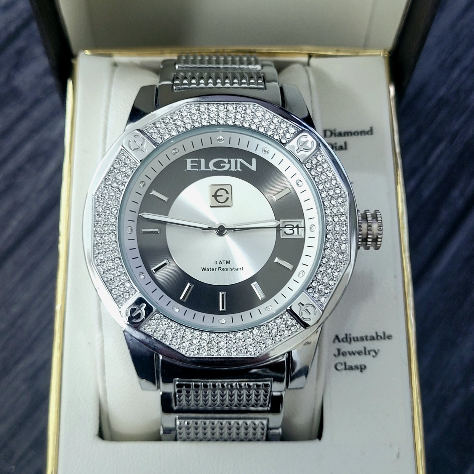 Rare Diamond Paved Bezel Mens Watch Elgin Authorized Dealer