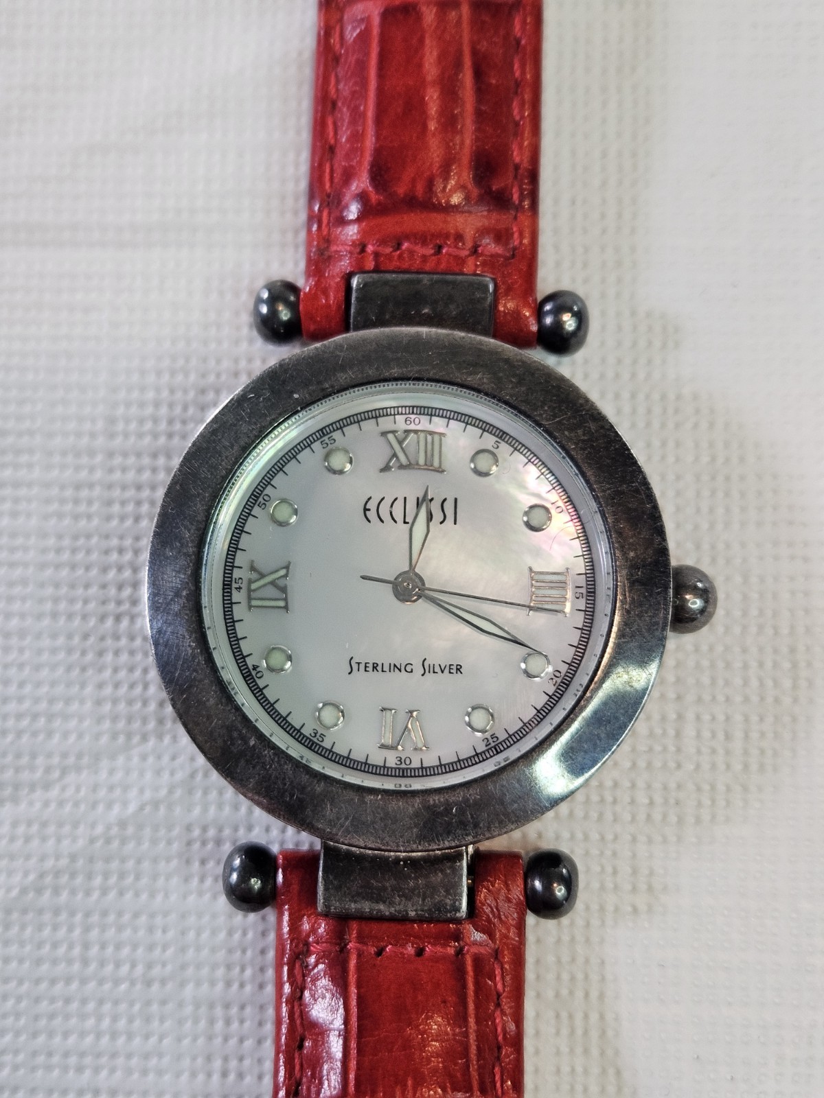 Ecclissi Sterling Silver 925 Case Mother Pearl Face Red Leather New Battery