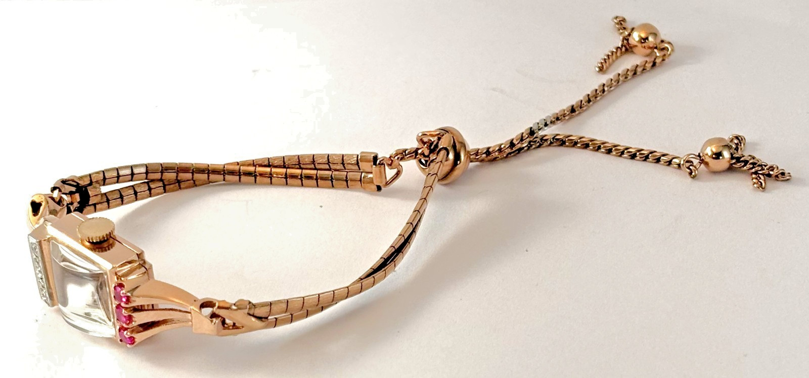 Vintage Alton Solid 14K Rose Gold Diamons Rubies Petite Cocktail Lady’s Watch