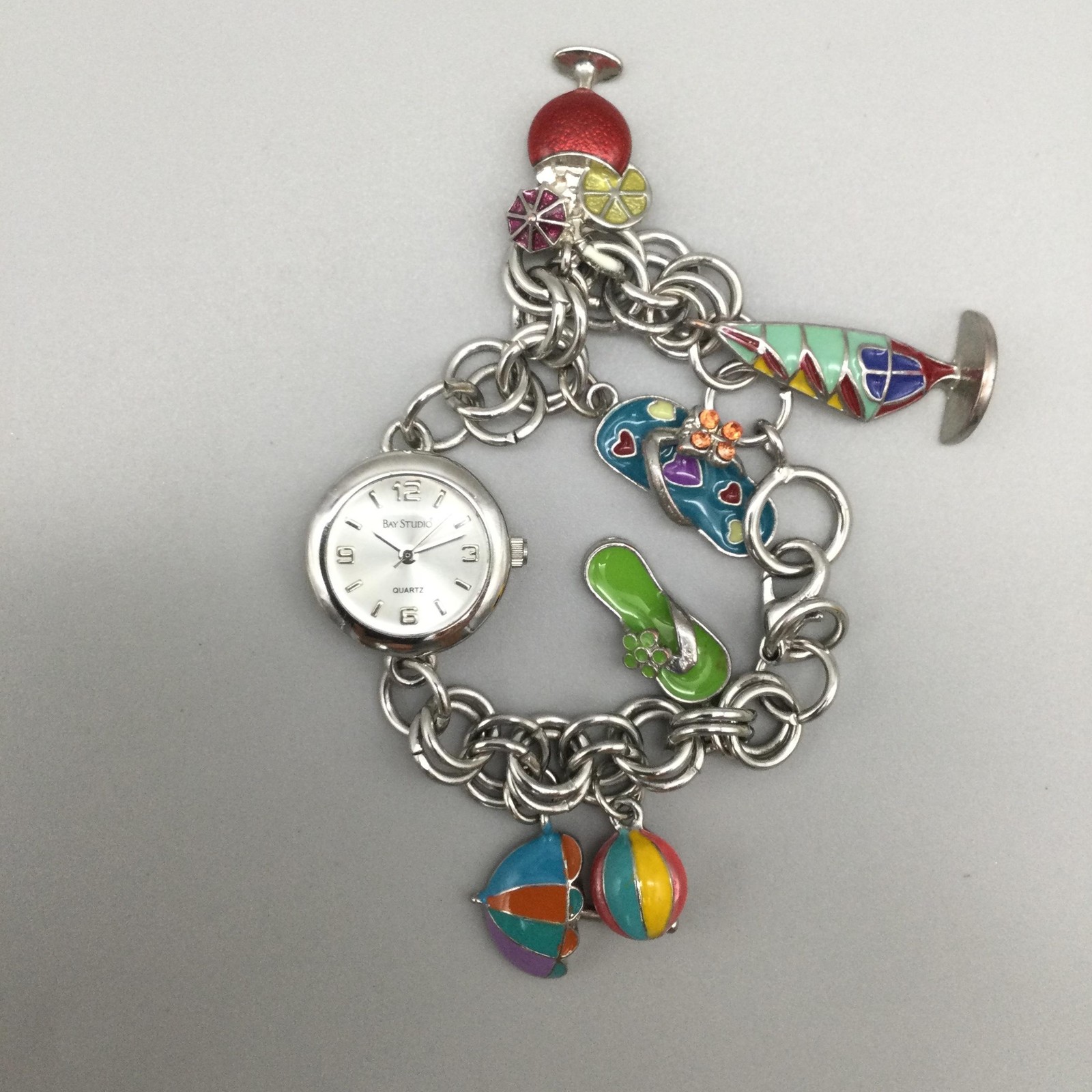 Bay Studio Charm Watch Womens 22mm Silver Tone Beach Charms New Battery 7.5″