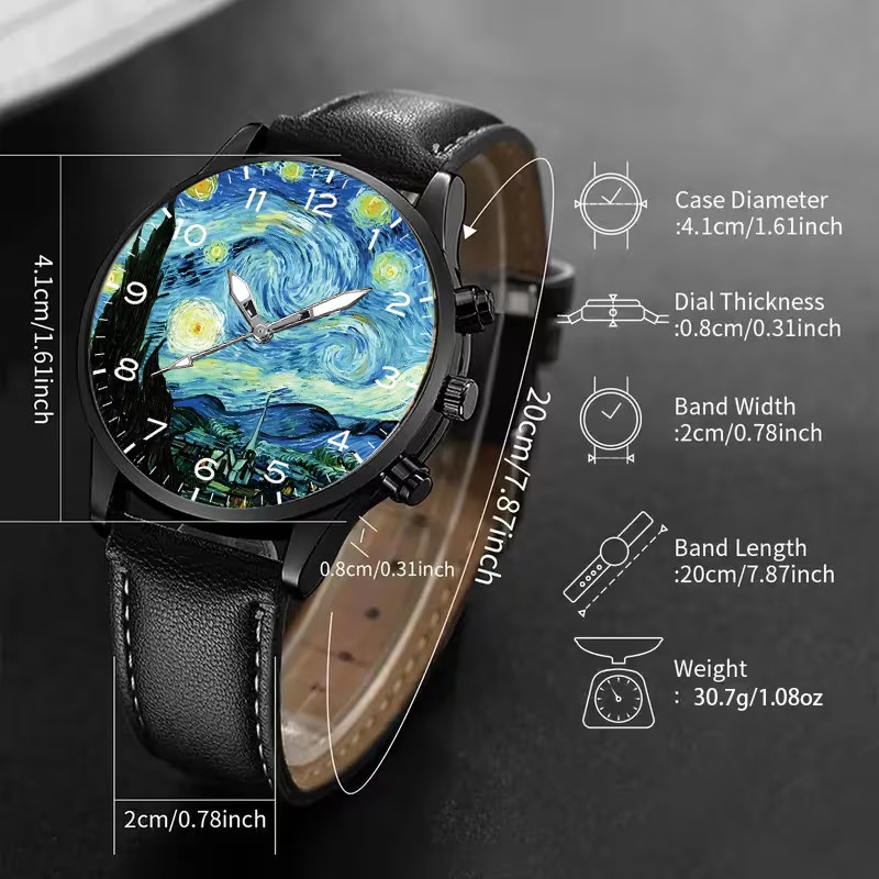 Men Van Gogh Starry Sky Watch Round Alloy Case Faux Leather Strap Analog