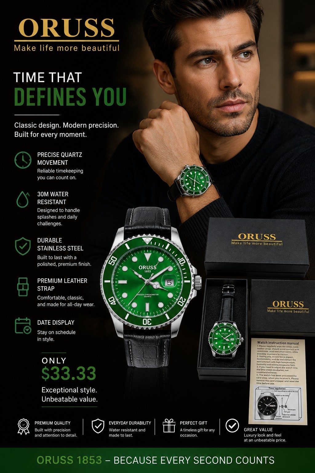 ORUSS 1853 Men’s Green Dial Watch Black Leather Strap Date Display Rotating…