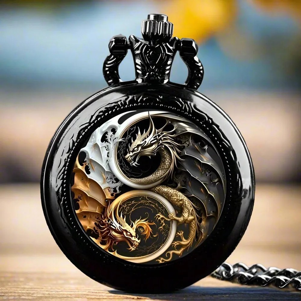 Mens Pocket Watch Retro Mechanical Black Steampunk Skeleton Chain Luxury Classic