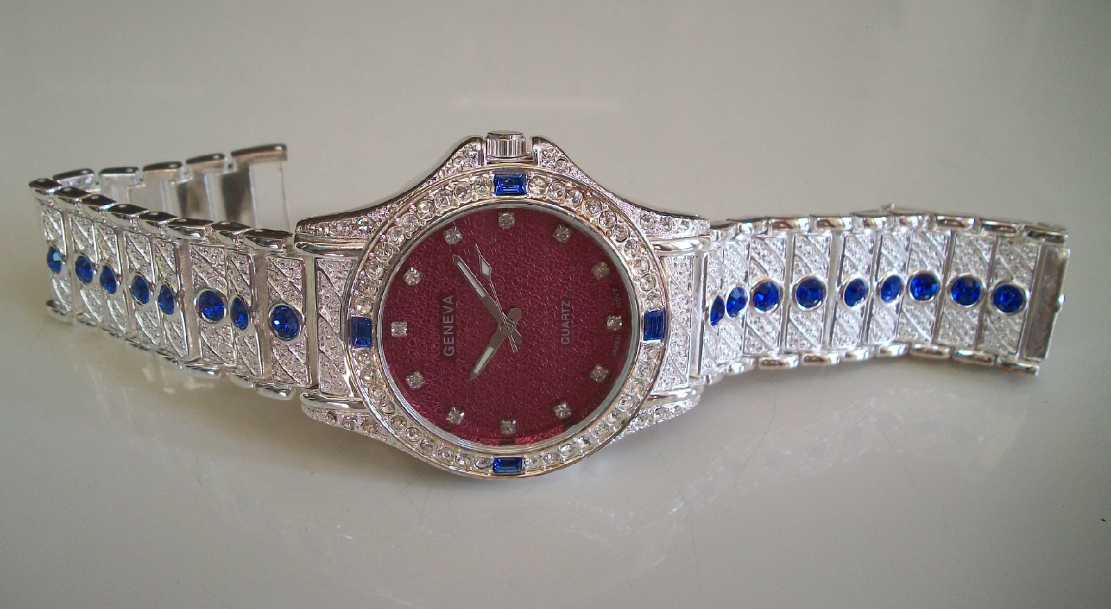Men’s blue & clear bling silver finish red dial fashion dress up watch