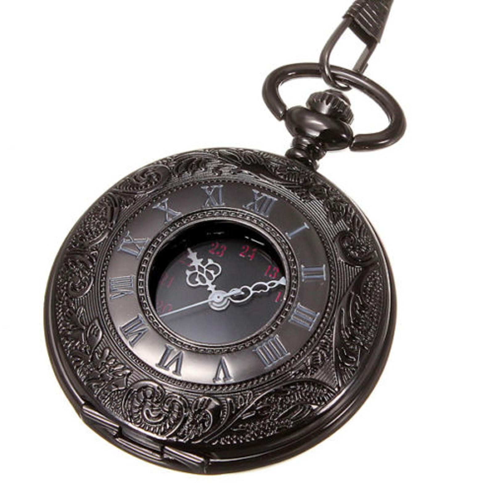 Vintage Retro Steampunk Pocket Watch Black Quartz Pendant Necklace Chain Gift G