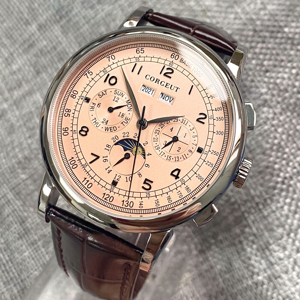 42mm corgeut sterile pink dial day multifunction Sea-gull automatic mens watch