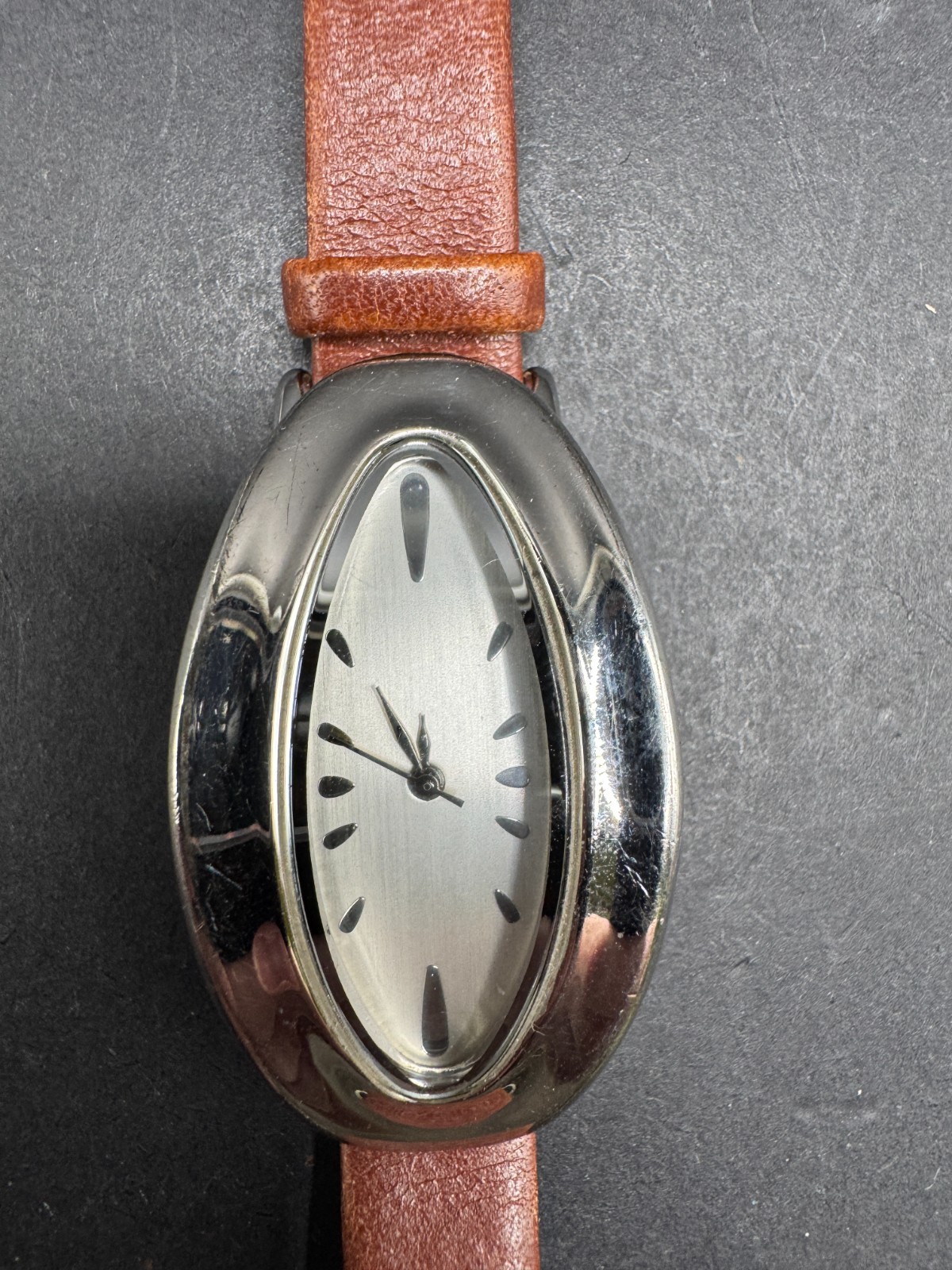 Robert Lee Morris Studio 925 Sterling Silver Modernist Oval Watch Brown Band