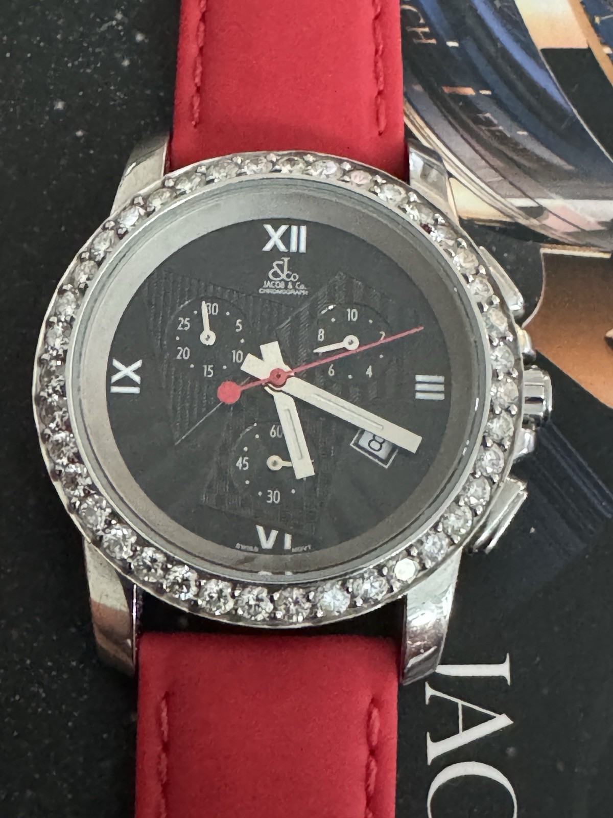 JACOB AND CO CHRONOGRAPH WATCH 38mm Diamond Bezel Complete Box Extra Str G2U