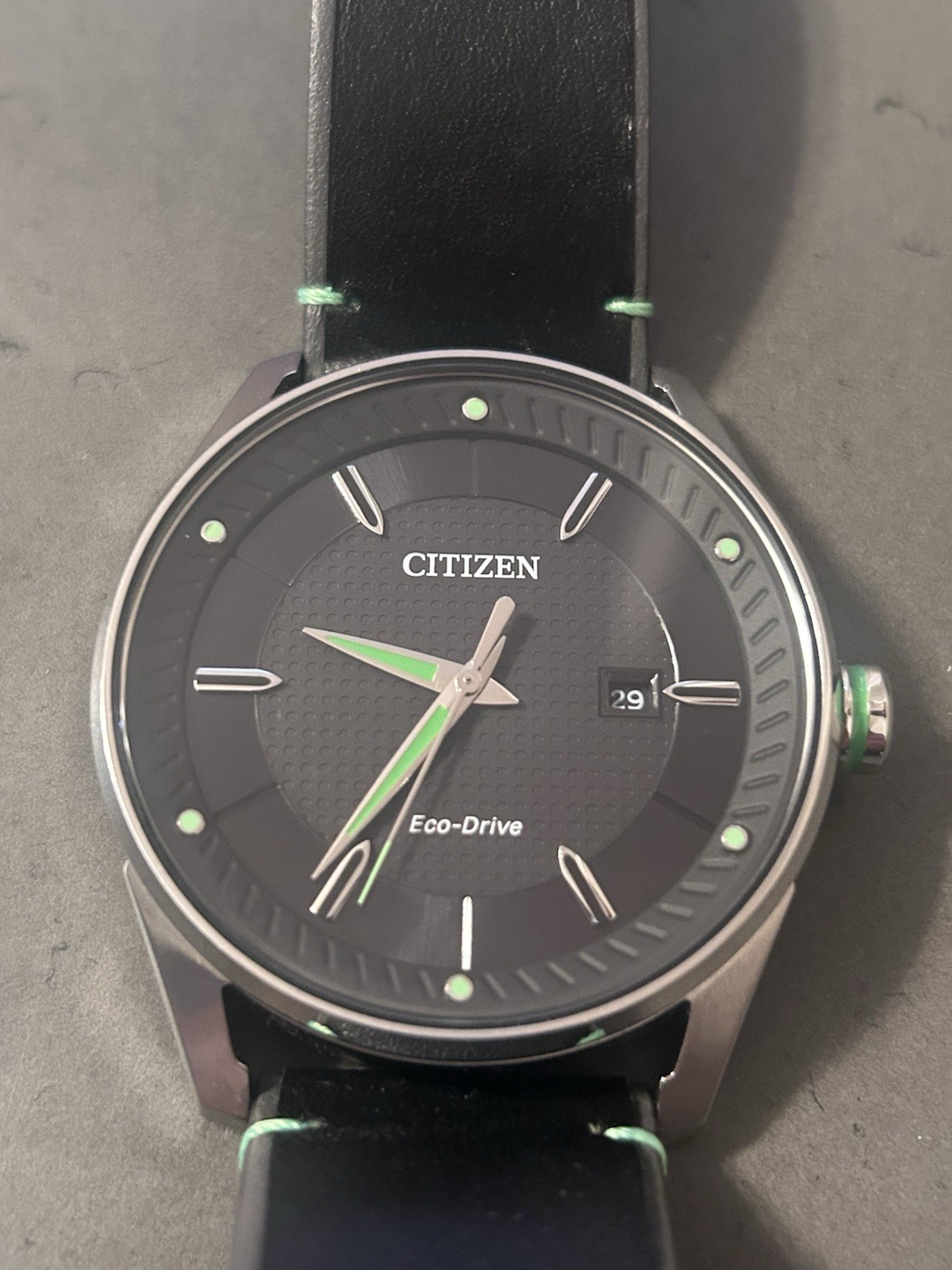 Citizen Eco-Drive Men’s 44mm Black Dial Leather Strap Quartz Date Watch