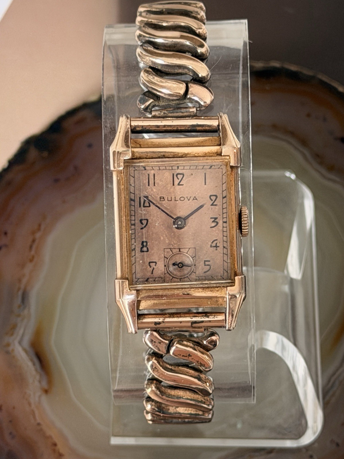 Bulova 14k Rose Gold Filled Art Deco Salmon Dial Men’s Swiss Tank Watch Running