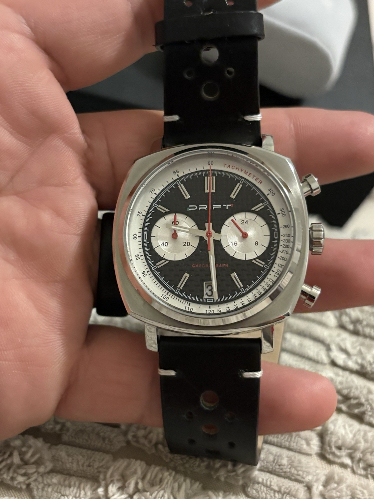 Drift Chronograph Watch Tachymeter Black Dial Date Racing Style Stainless Steel