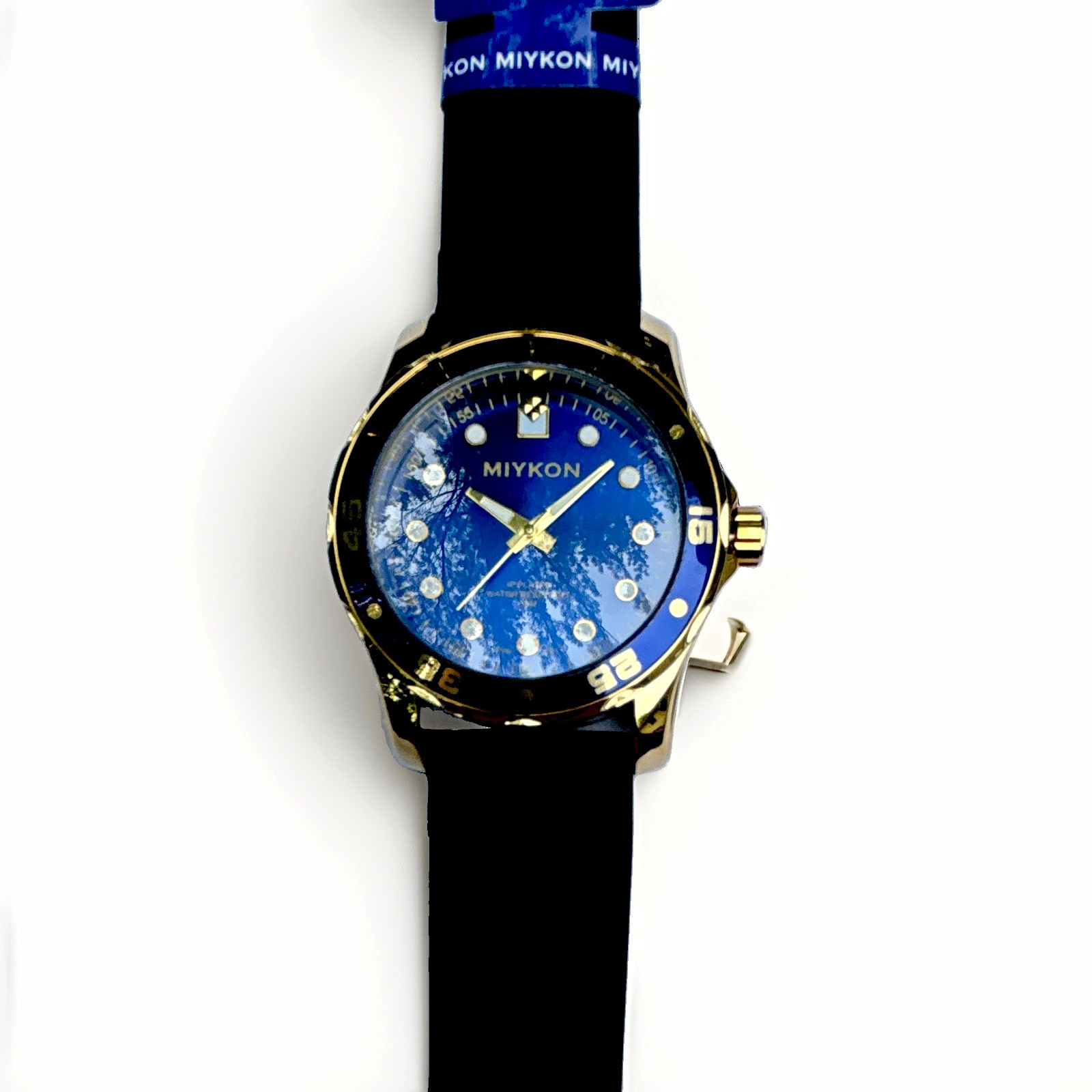 MIYKON Quartz Analog Wristwatch Blue Dial Gold Case Black Silicone Strap 3ATM